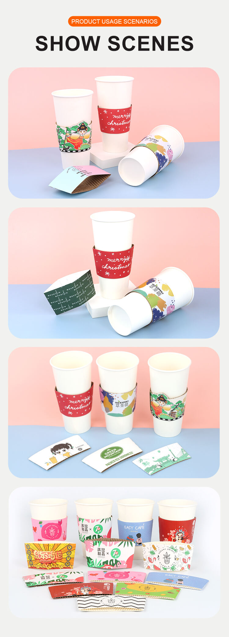 Mass customization Size and logo Disposable recyclable beverage coffee paper takeaway cup holder sleeve details