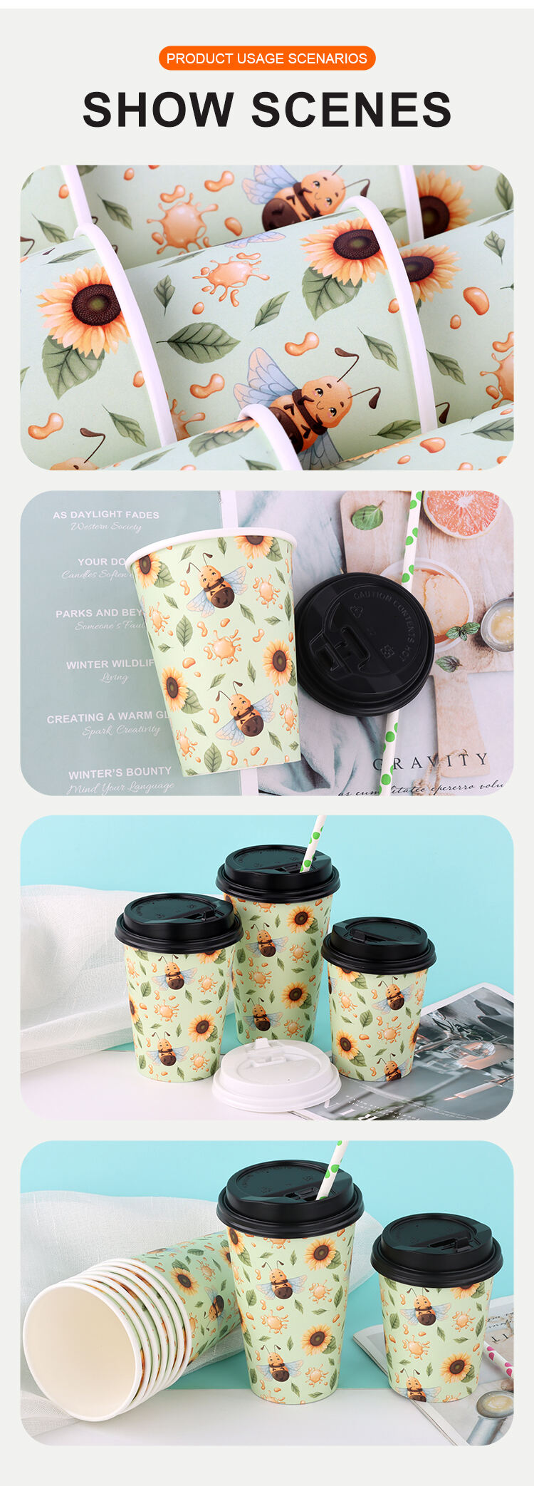 Custom wholesale Biodegradable high quality disposable 8oz 12oz 14oz 16oz Hot Drinks paper coffee cup details