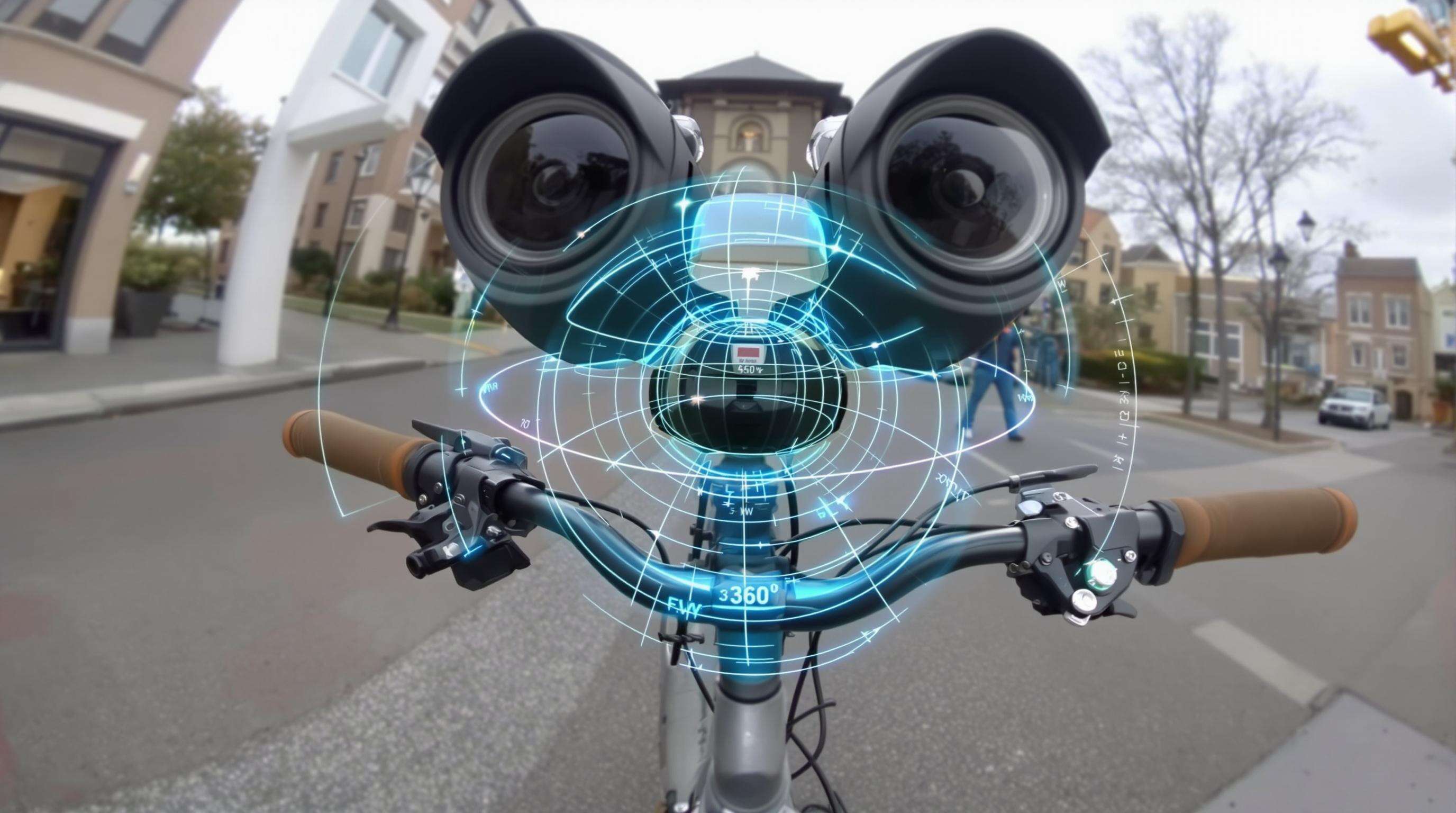 A photorealistic image showing a dual-lens 360-degree camera mounted on bicycle handlebars with an encompassing view of the surroundings.