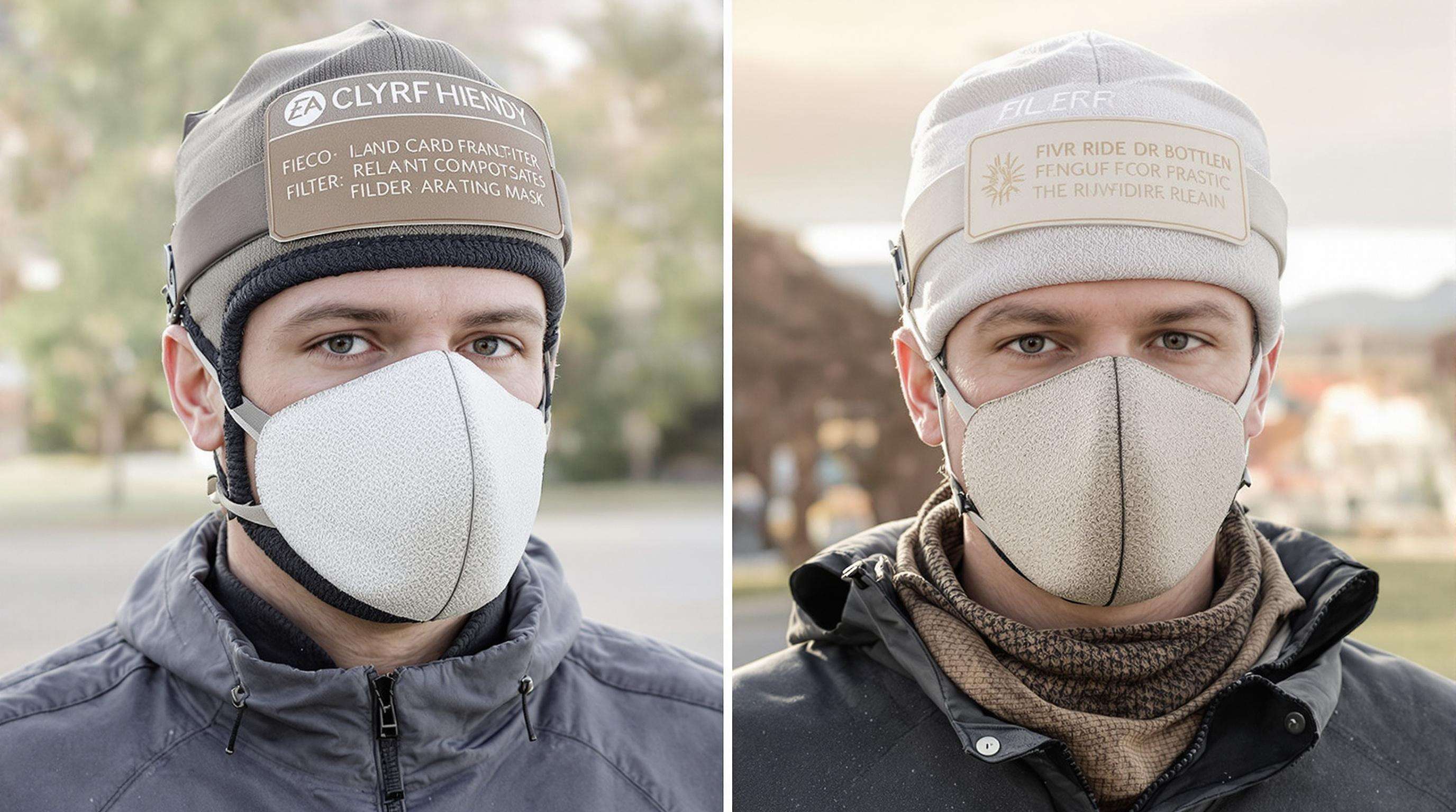 Eco-friendly riding masks made from recycled and plant-based materials displayed outdoors
