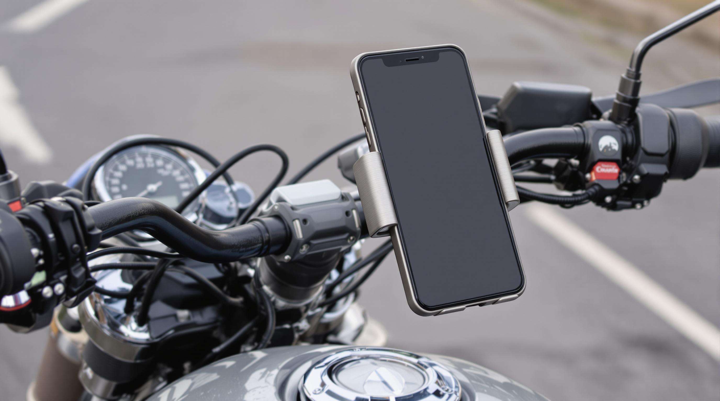 Close-up of a recycled aluminum motorcycle phone holder mounted on handlebars in an outdoor setting