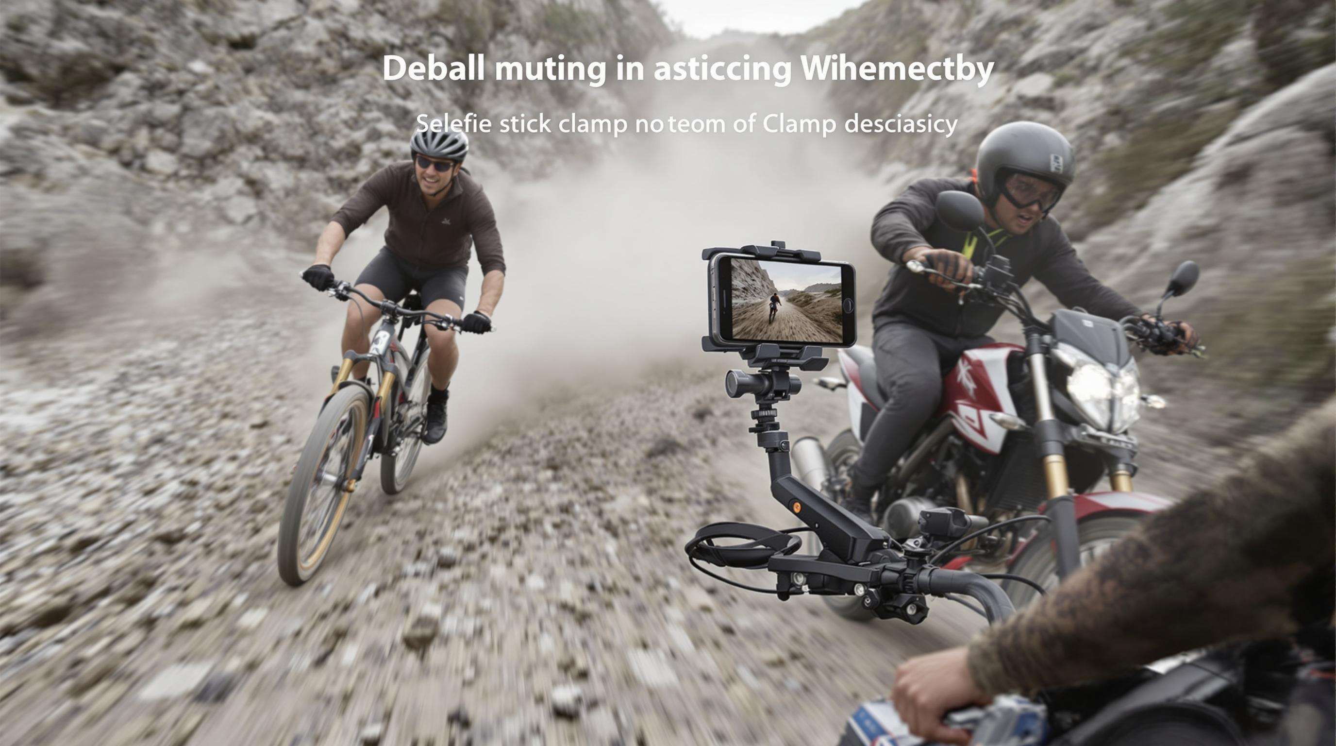 A realistic action scene showing a cyclist and a motorcyclist riding fast over uneven surfaces, both using sturdy selfie stick clamps holding smartphones.