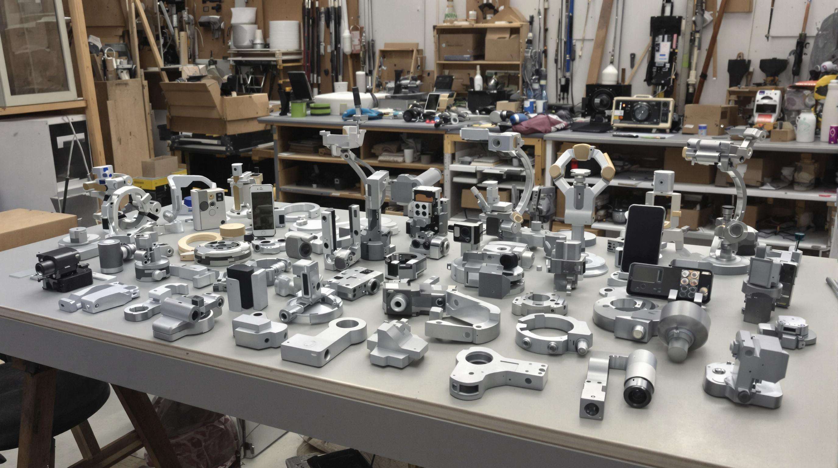 Neatly arranged modular recycled aluminum phone holder parts on a workbench