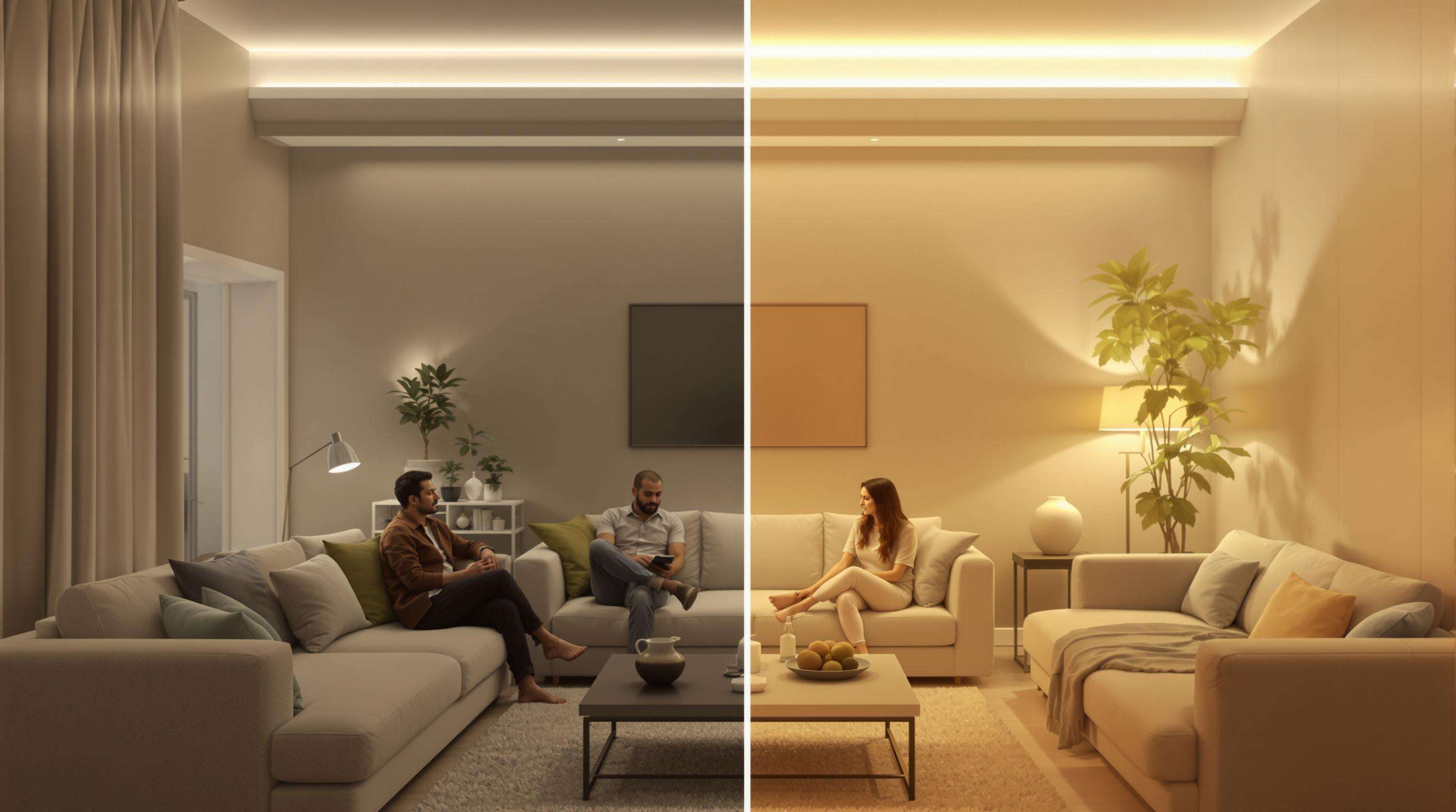 Living room showing LED strip lights transitioning from bright cool white to soft warm white, illustrating circadian lighting