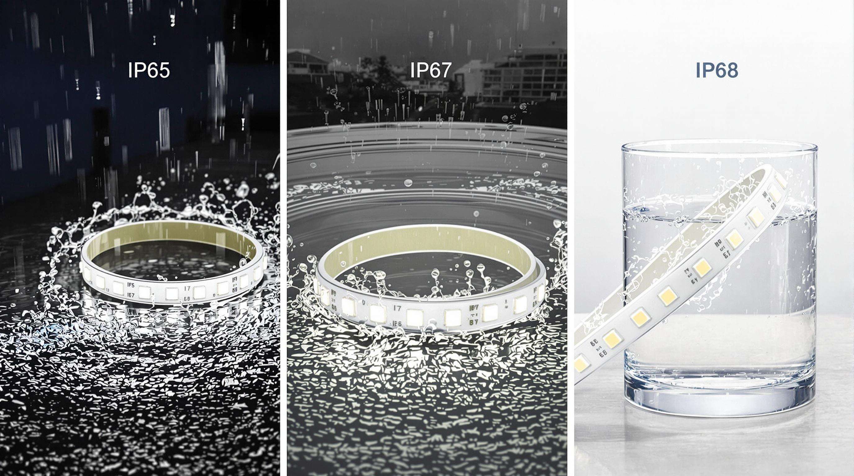 Three waterproof LED strips in different water conditions demonstrating IP65, IP67, and IP68 protection