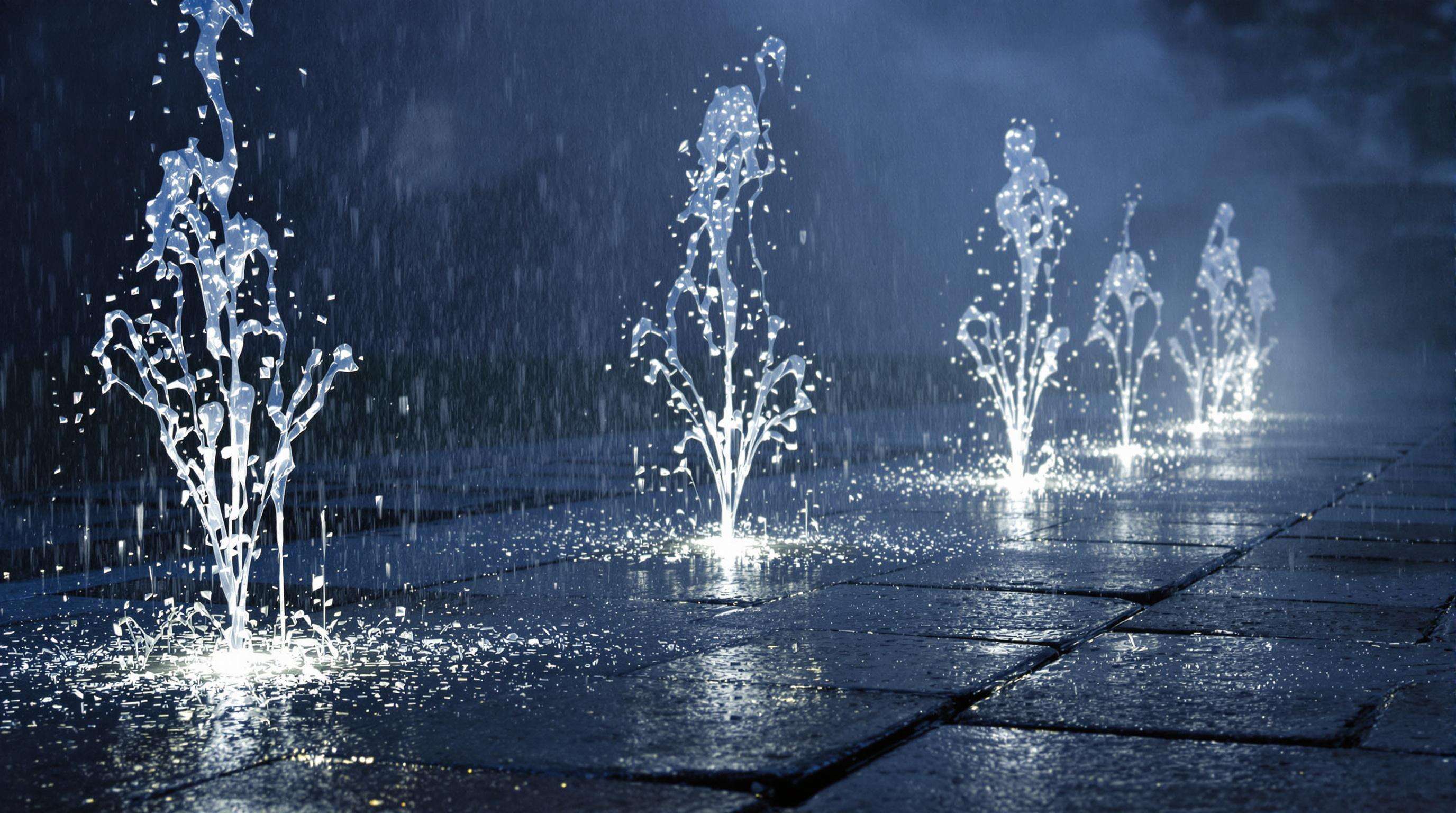 Waterproof LED strips enduring simulated storm conditions with heavy rain and water jets