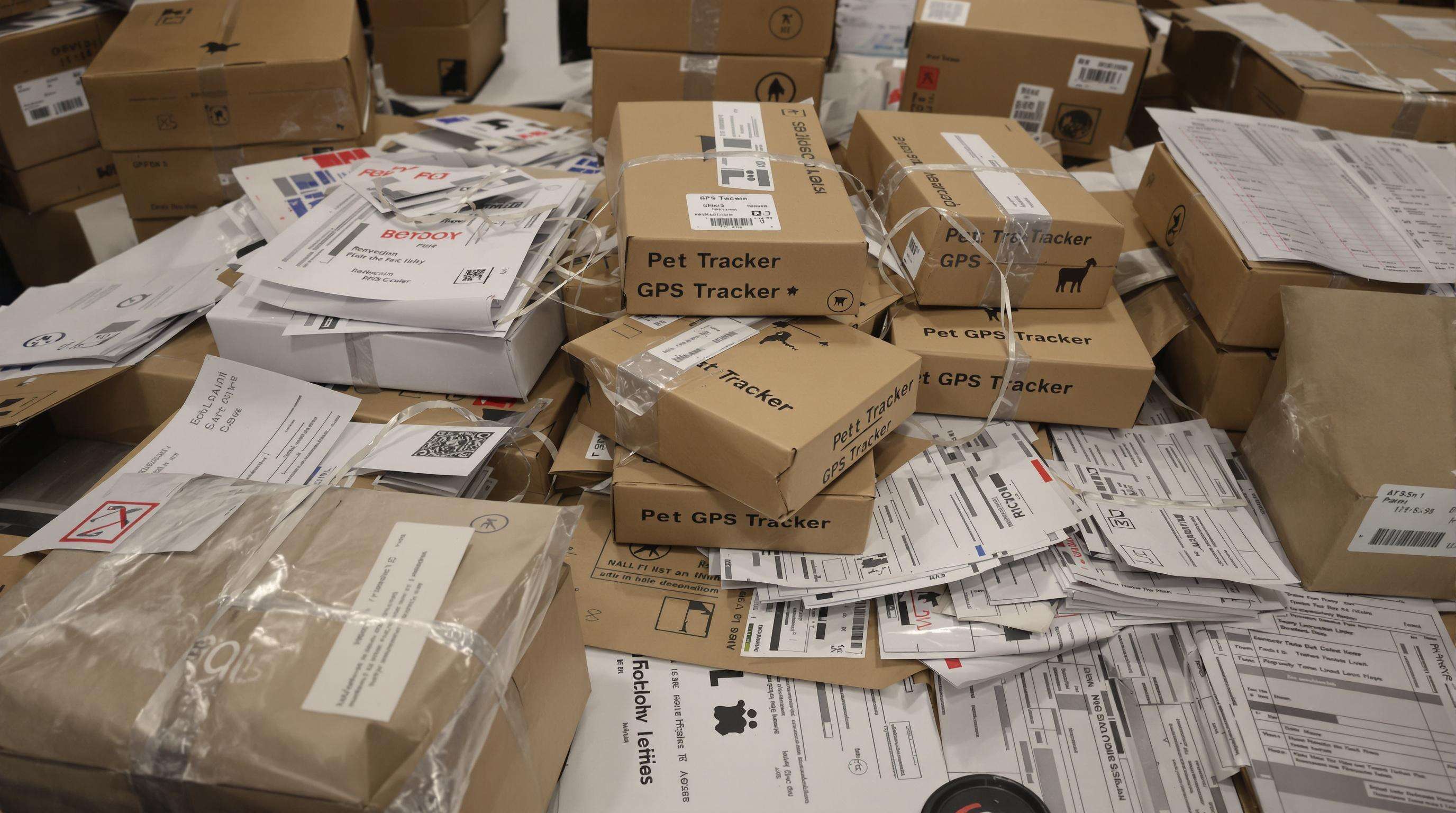 Pet GPS tracker packages with customs forms and international shipping labels