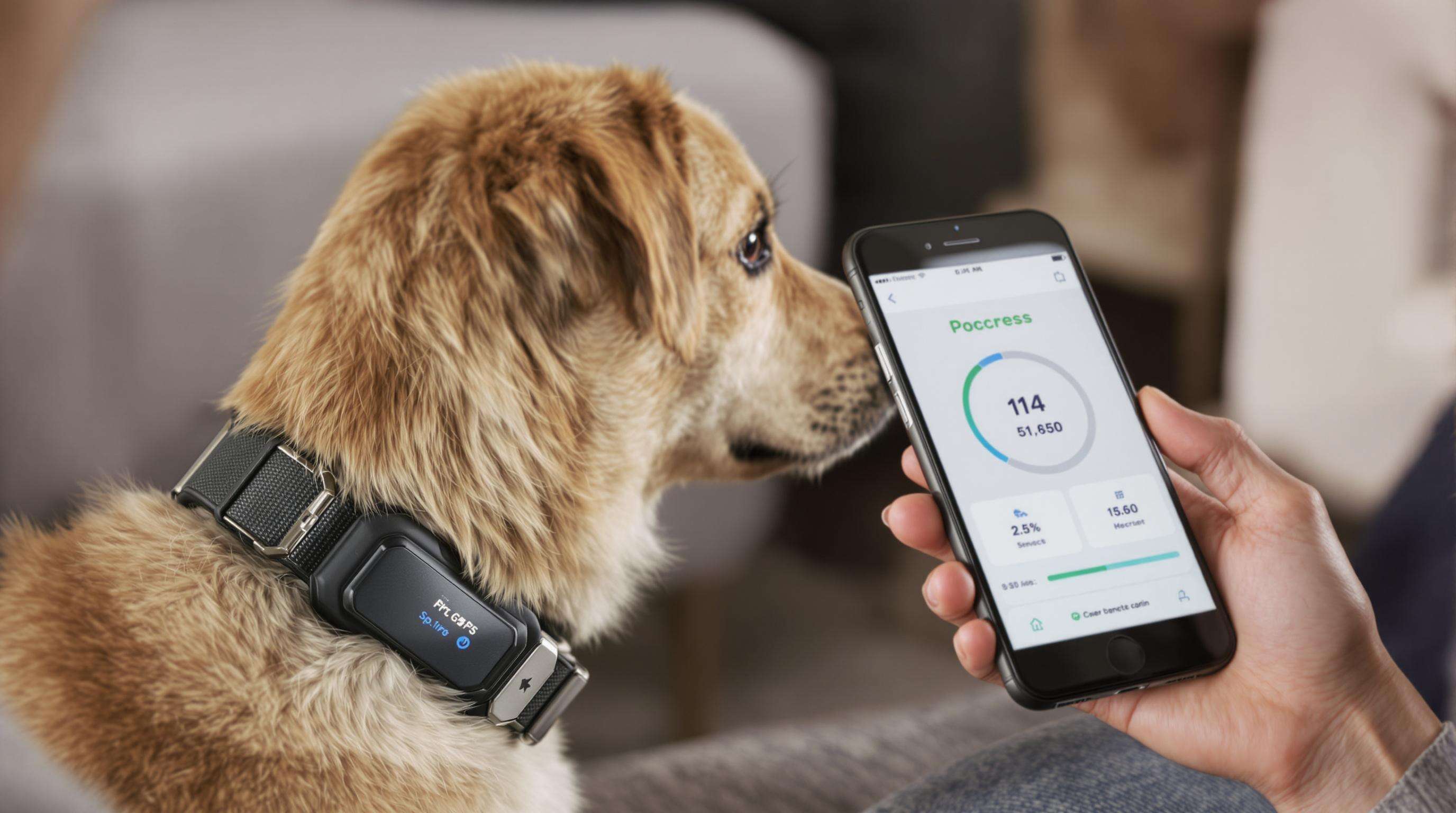 Anxious pet owner checking smart dog collar and smartphone during firmware update