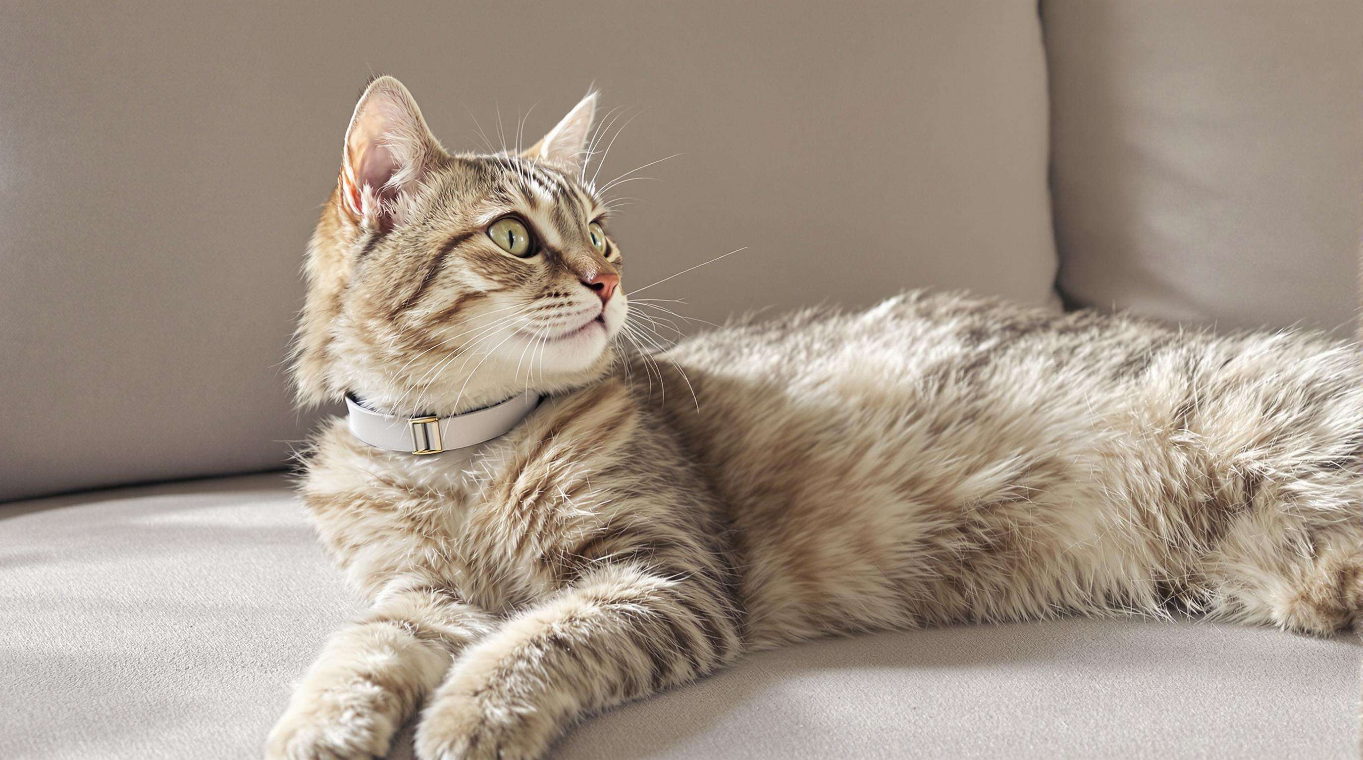 A cat comfortably wearing a lightweight tracker collar on a muted gray sofa, showing relaxed posture and well-fitted collar