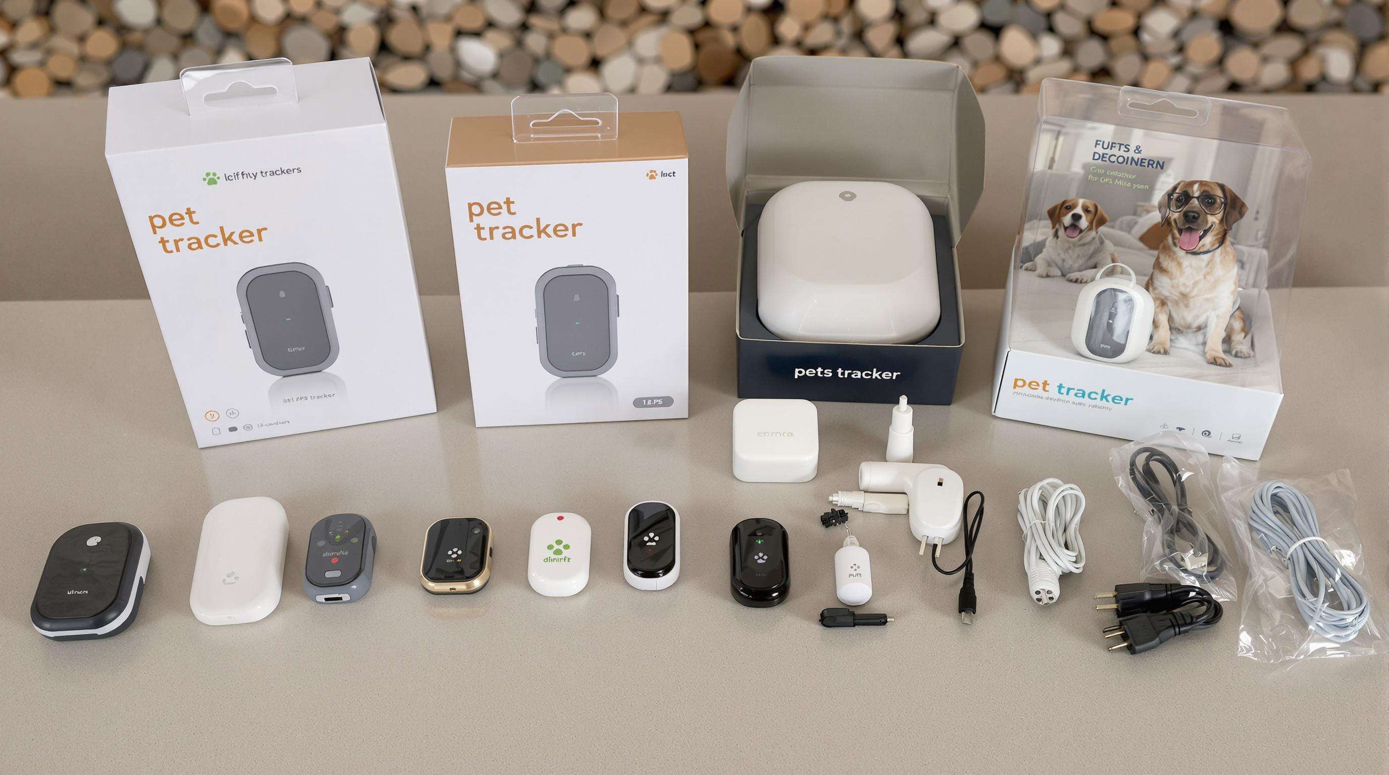 Pet GPS trackers with packaging and accessories showing varying device condition
