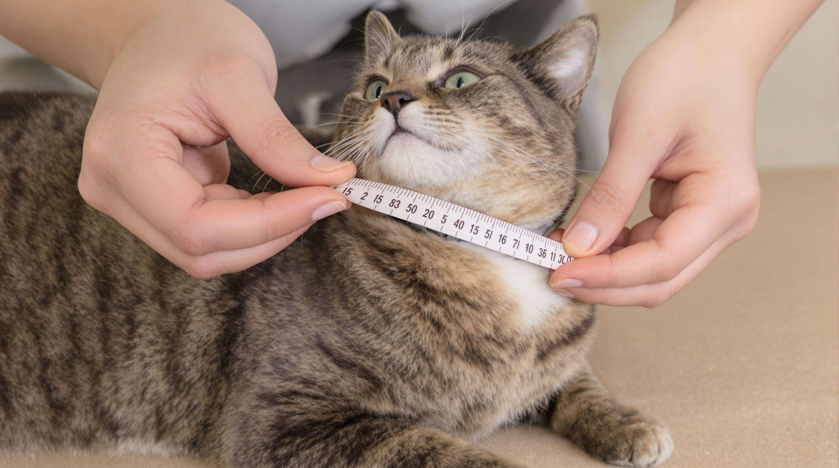 Hands measuring a cat's neck with a flexible tape and showing two-finger space for proper collar fit
