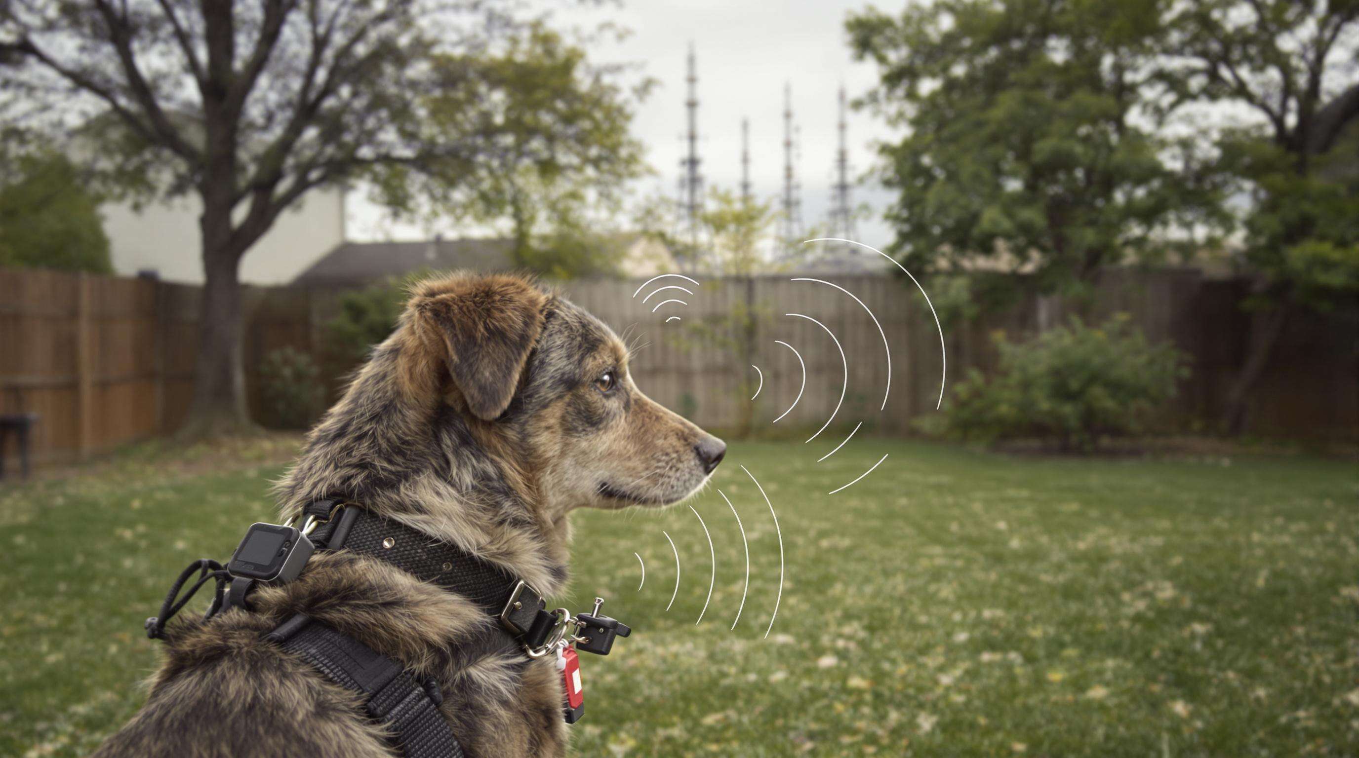 A dog wearing a GPS tracker collar in a backyard, with distant cell towers and faint signal waves illustrating cellular tracking dependency