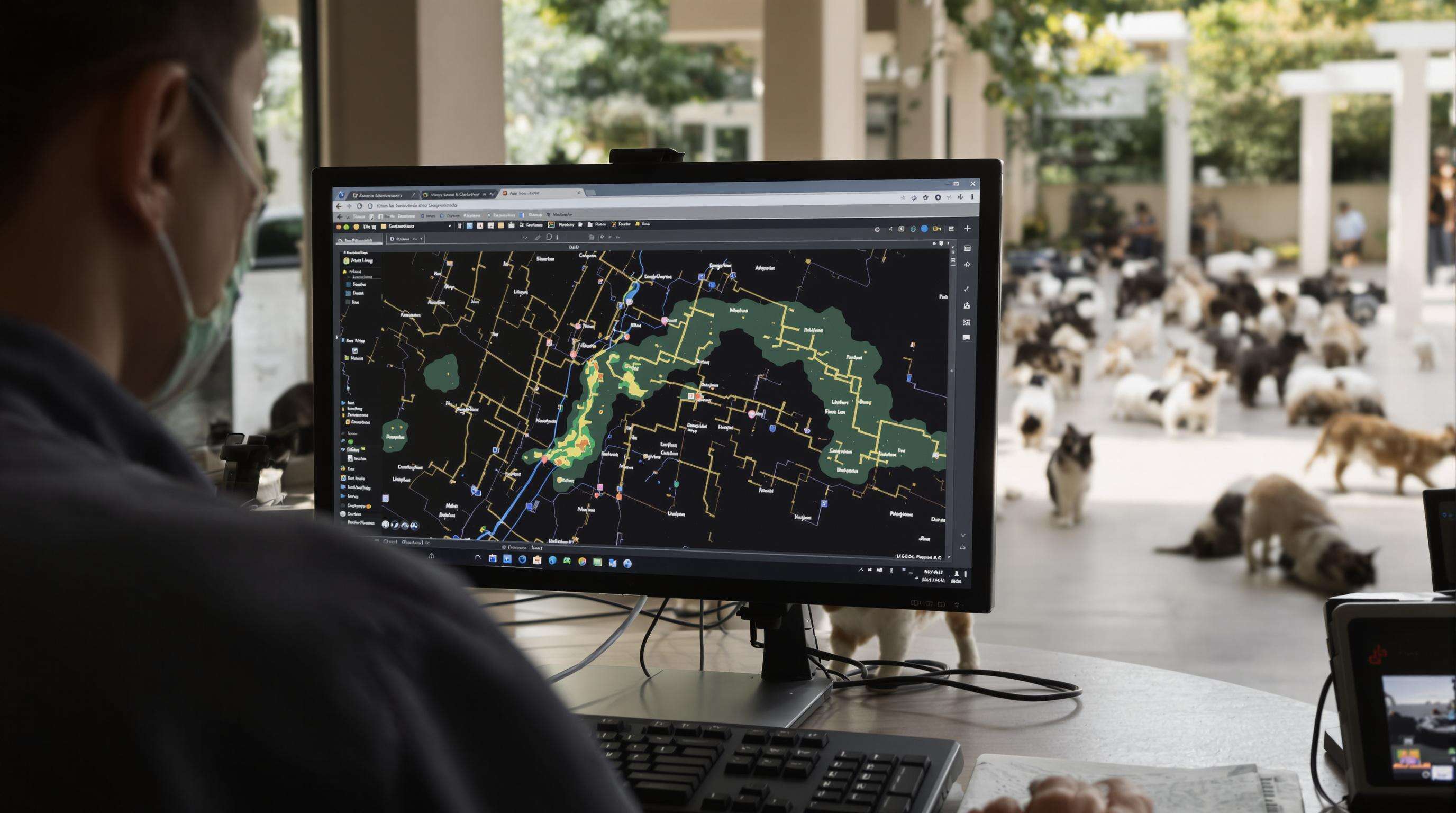 Shelter staff analyzing cat movement heatmap with cats roaming in open spaces
