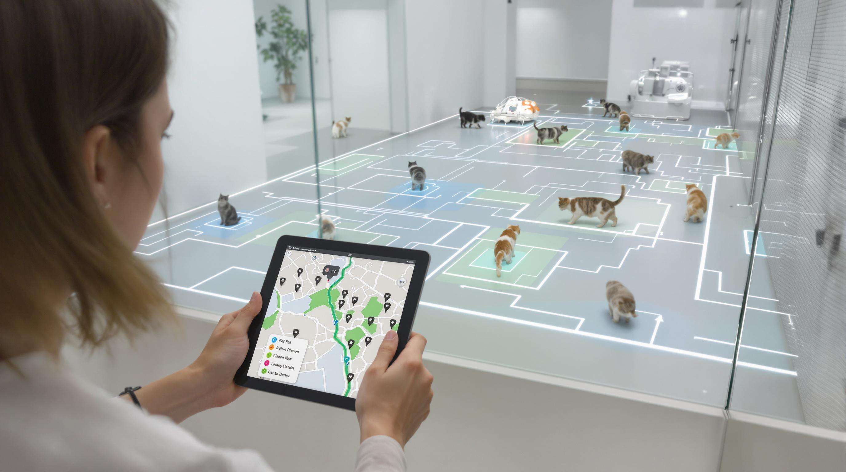 Shelter worker monitoring tablet with GPS-tracked cats inside a secure indoor zone