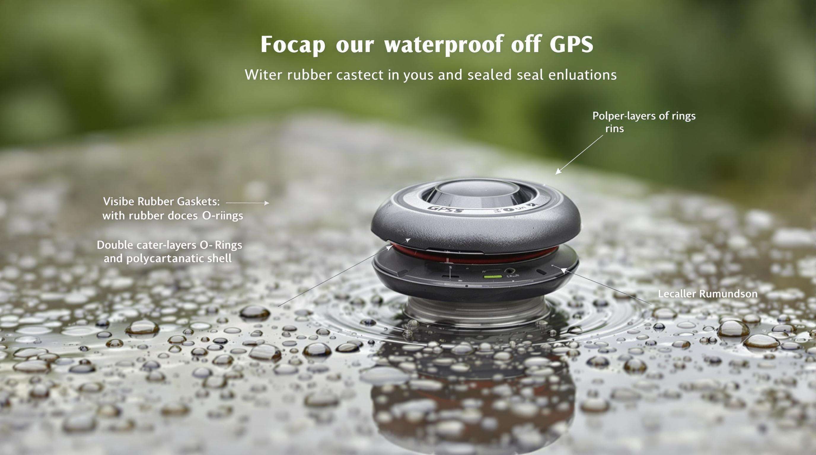 Close-up of a cat GPS tracker showing waterproof construction details like rubber gaskets and O-rings on a wet surface
