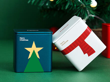 Christmas Gift Packaging Solutions: Square Metal Canisters, Easy Peel Composite Canisters