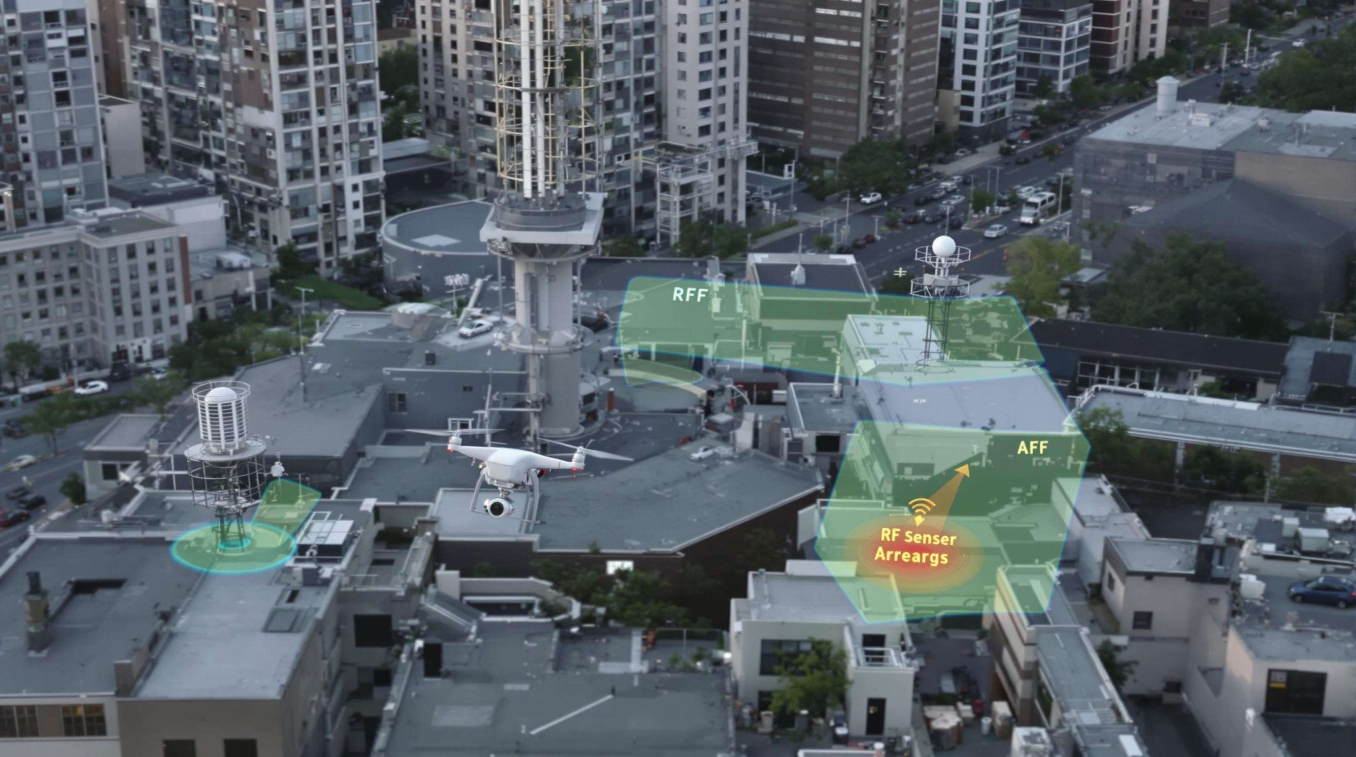 A small drone maneuvering above a city, surrounded by radar and RF sensors, blending into urban heat background.
