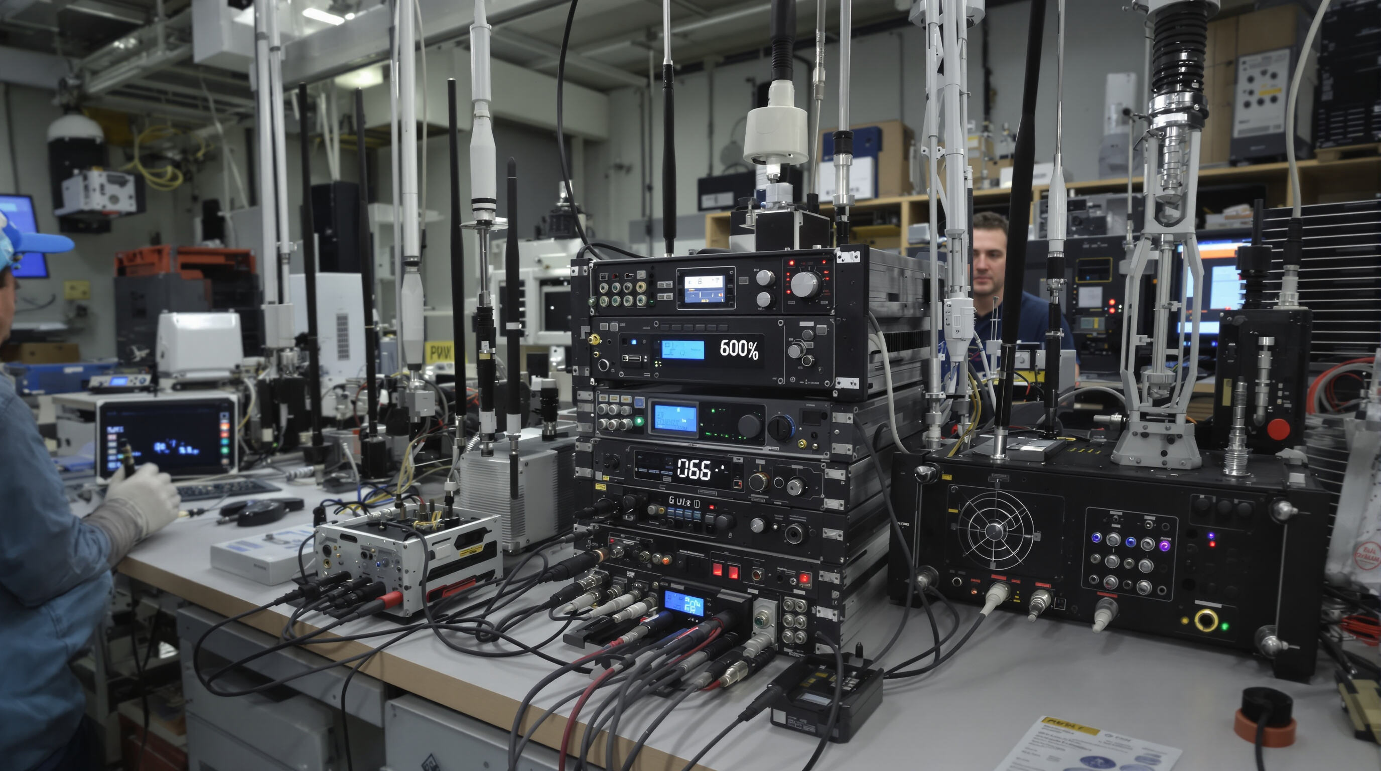 Technician testing jammer modules on a workbench with RF measurement equipment