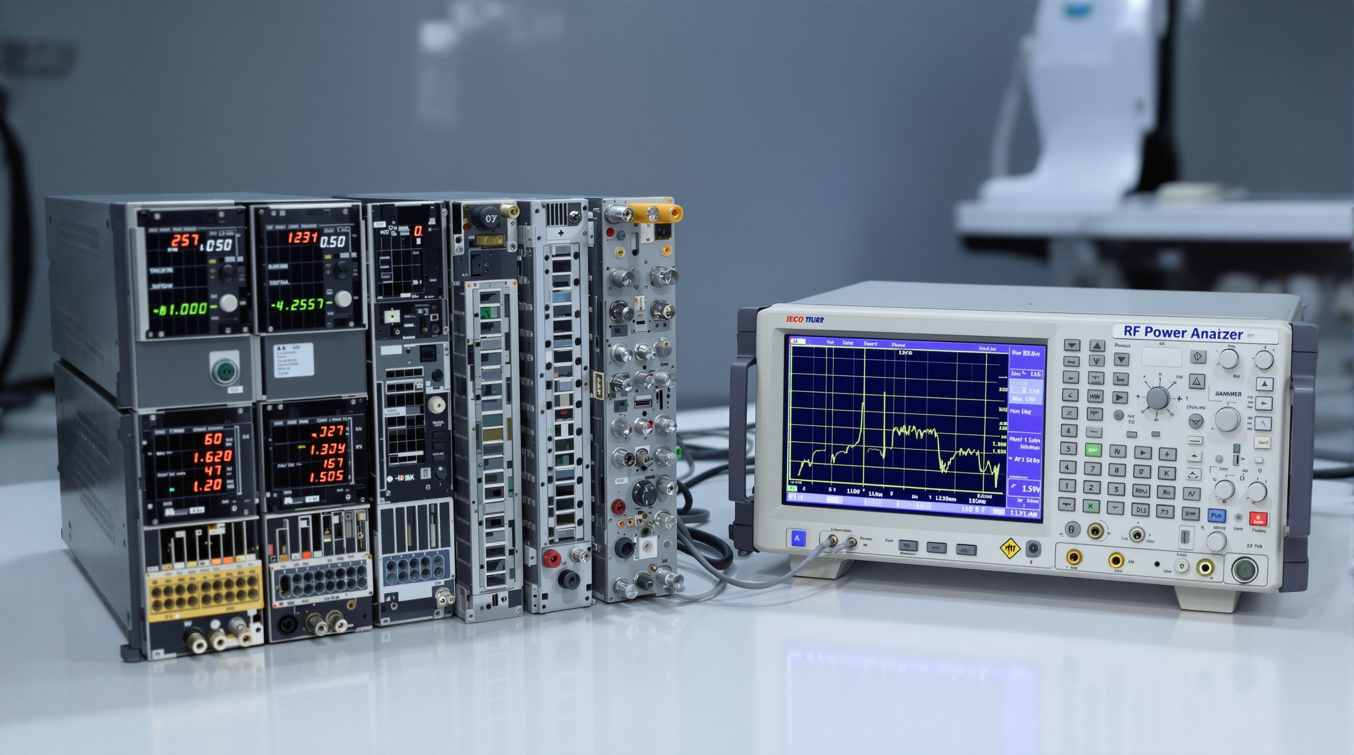 Technicians assessing RF amplifiers on a workbench with spectrum analyzer and oscilloscope showing wide frequency jamming signals.