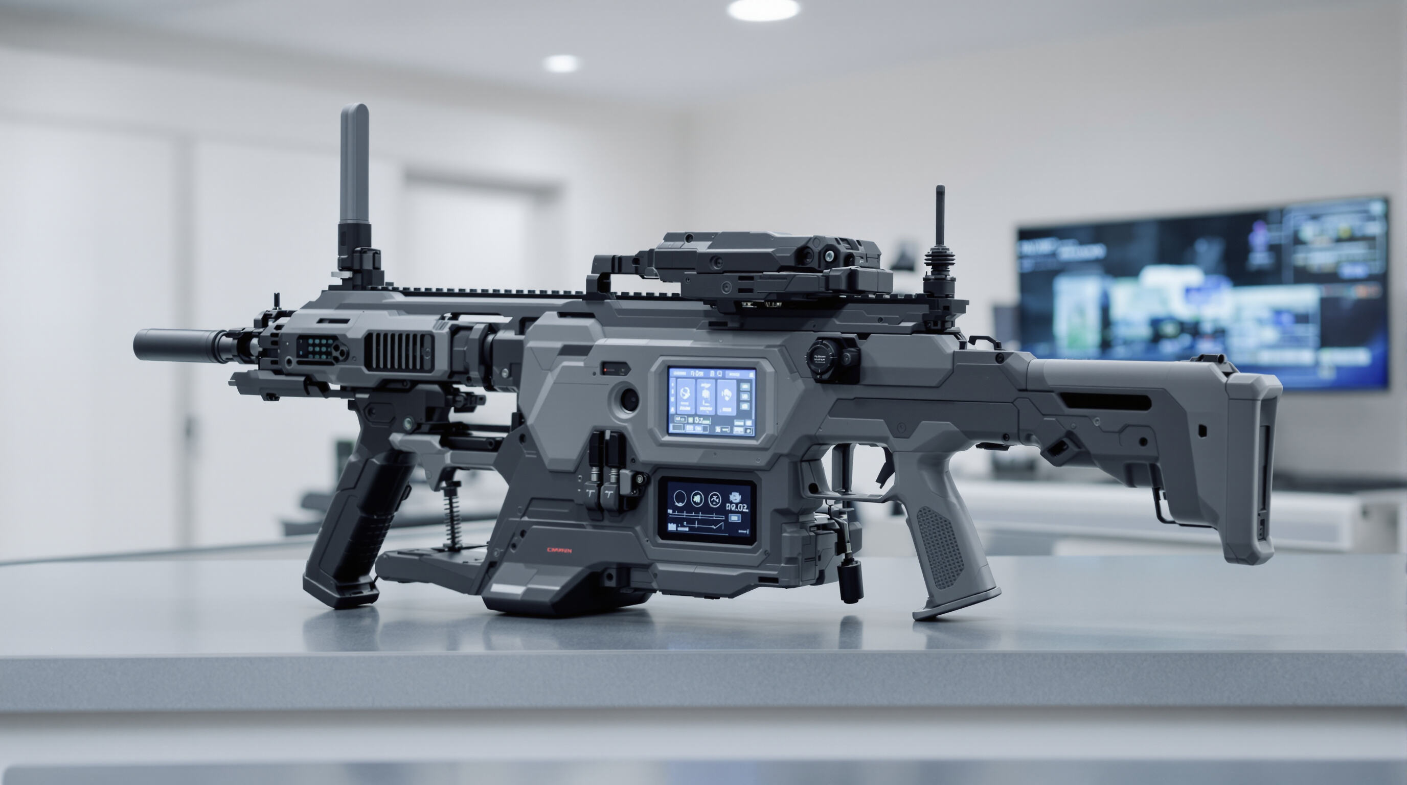 Photorealistic image of a modern anti-drone gun showing antennas, jamming units, and an integrated display in a technical workspace