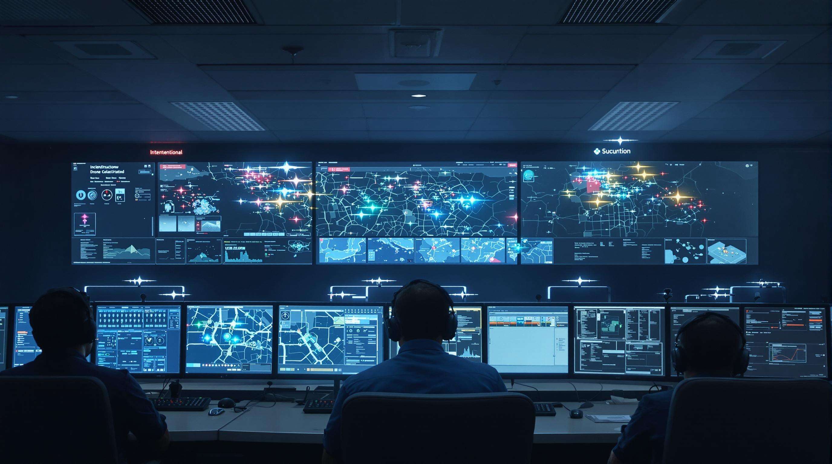 Security operations center with analysts reviewing dashboards that visualize different drone threat categories