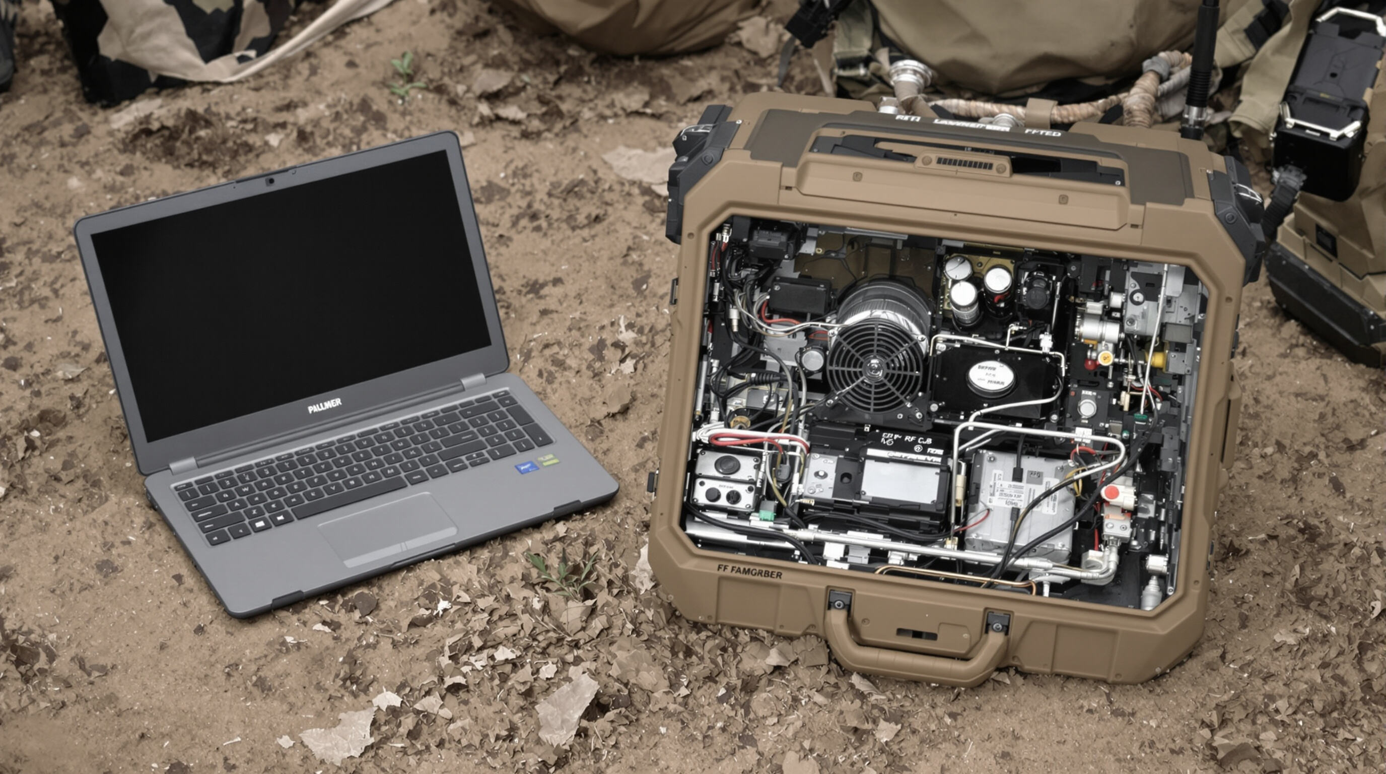 Mobile jamming device with RF amplifier components arranged tightly for size, pictured next to field equipment, highlighting compact integration.