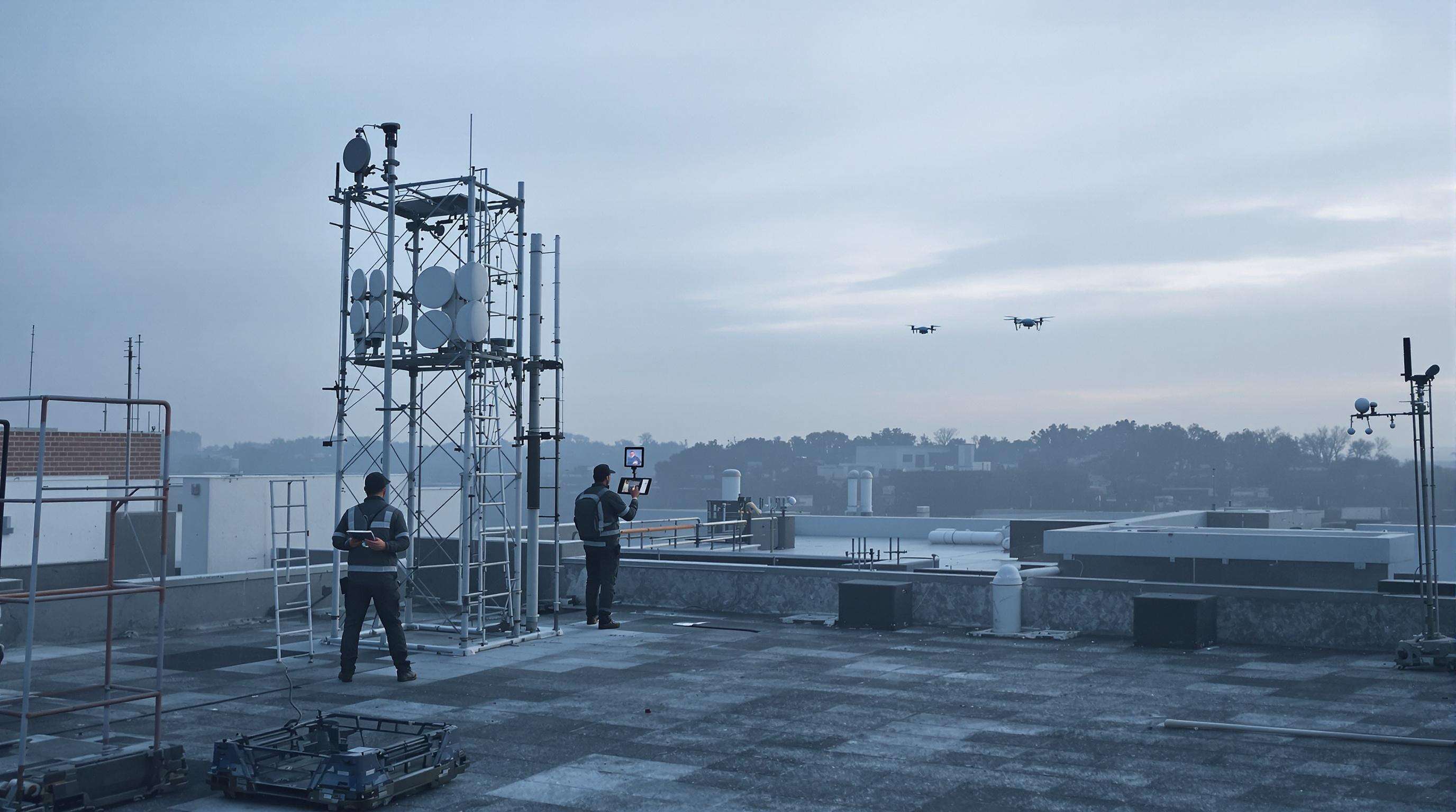 Technicians on a facility rooftop monitoring radar and RF equipment as a drone is detected approaching the area