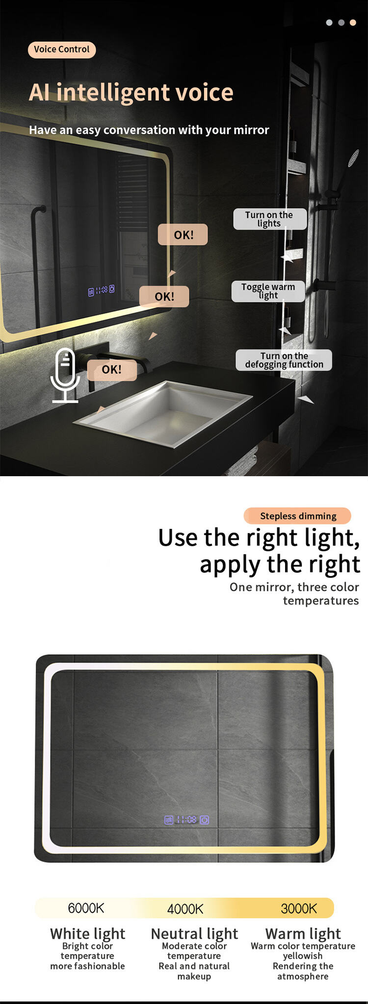 Sensor Switch Large Rectangular Vanity Mirror Anti Fog Bathroom Wall Mounted Frameless Smart Led Mirrors factory