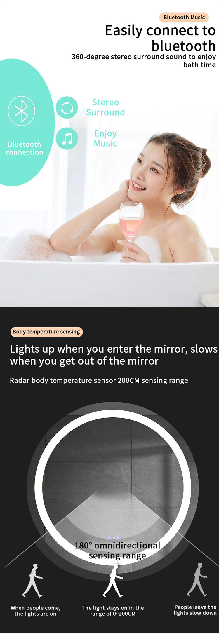 Radar Human Body Sensing Front Illumination Fogless Shower Smart Mirror Touch Screen Bathroom Led Mirror supplier