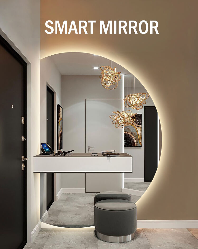 Touch Screen Bath Decorative Wall Mounted Led Backlit Mirror Round Half Moon Smart Bathroom Mirror details