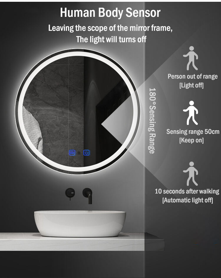 Modern Bath Led Round Lighted Bathroom Mirror For Wall Hotel Toilet Mirror In Bathroom details