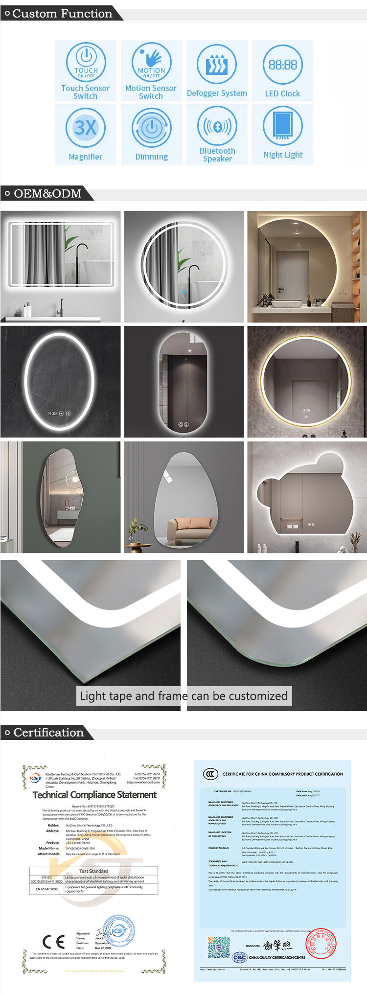 Arch Shape Hotel Smart Wall Mirror With Led Light Adjustable Illuminated Bathroom Mirror factory