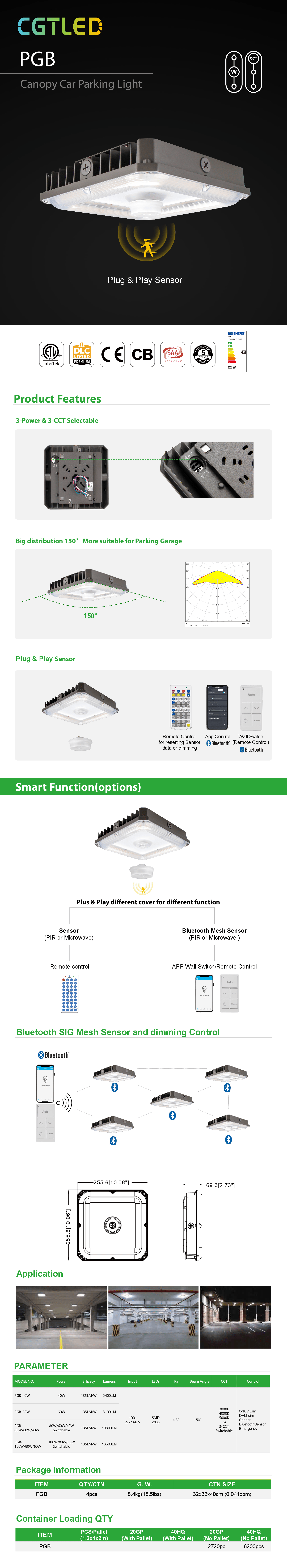 3-Power and 3-CCT Switchable Sensor LED Canopy Light Parking Garage 40W 60W 80W 100W supplier