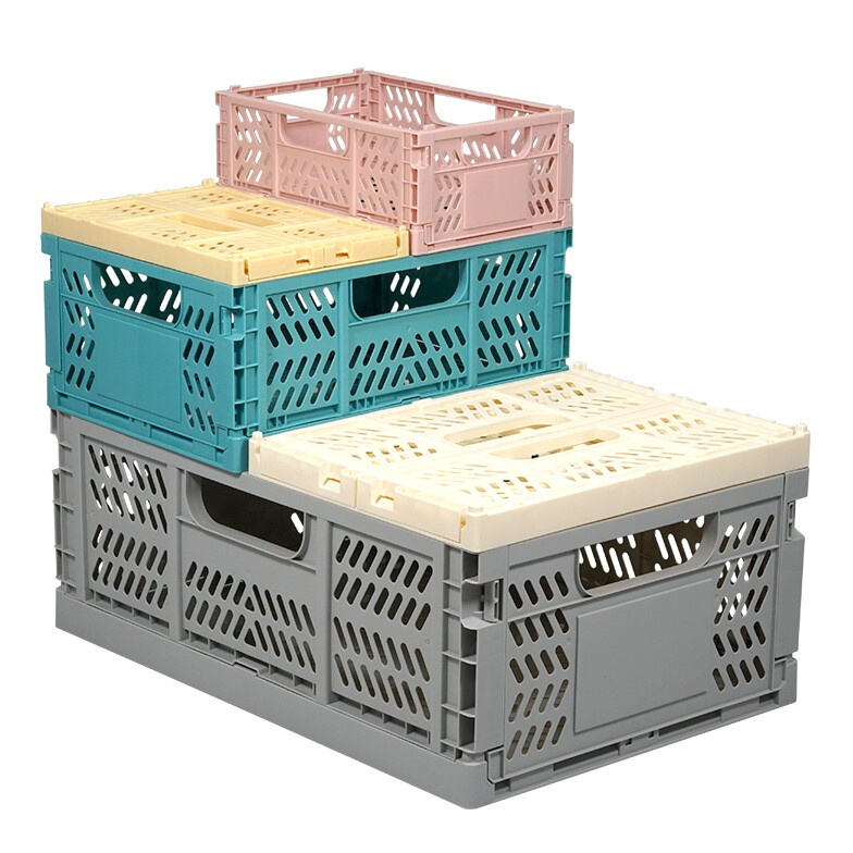 Save space with an easy-to-store collapsible plastic storage crate