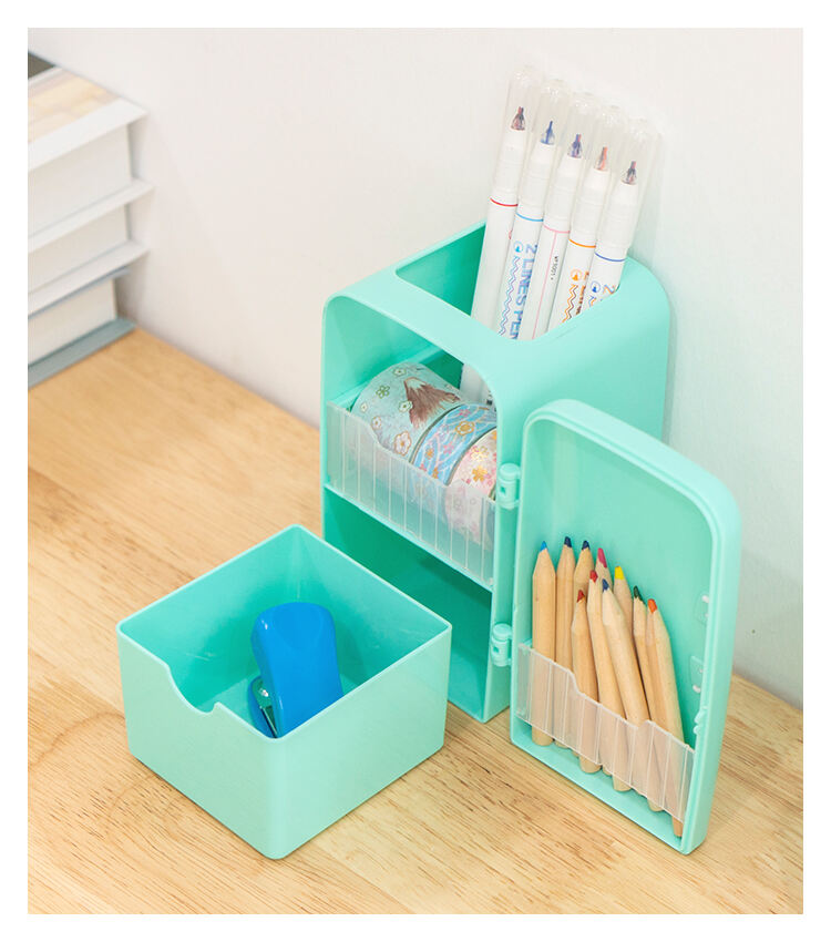 ITEM NO.5016 Unique Refrigerator Shape PS Plastic Desktop Storage Compartment Pen Holders Stationery Storage Box details