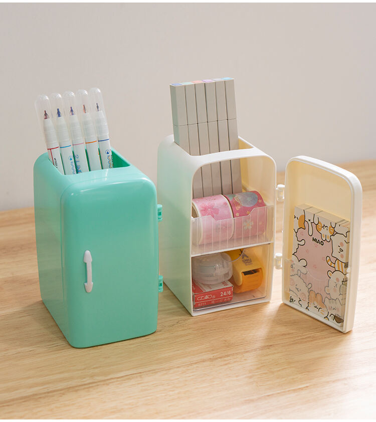 ITEM NO.5016 Unique Refrigerator Shape PS Plastic Desktop Storage Compartment Pen Holders Stationery Storage Box manufacture