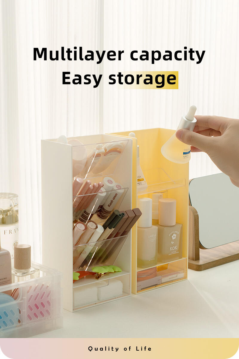 ITEM NO.5027 Plastic Adjustable Layer Height Bedroom Dresser Cosmetic Display Case Makeup Desk Organizer with drawer supplier