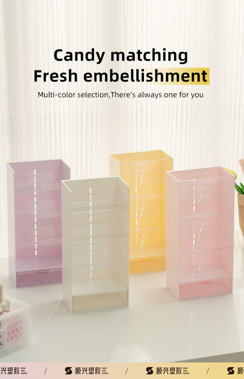 ITEM NO.5027 Plastic Adjustable Layer Height Bedroom Dresser Cosmetic Display Case Makeup Desk Organizer with drawer manufacture