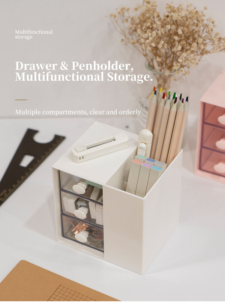 ITEM NO.5017 Multifunction Desktop Stationery Storage Box Sundries Storage Box Plastic Pen Holder With Drawer factory