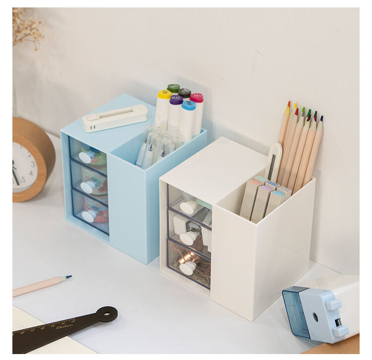 ITEM NO.5017 Multifunction Desktop Stationery Storage Box Sundries Storage Box Plastic Pen Holder With Drawer supplier