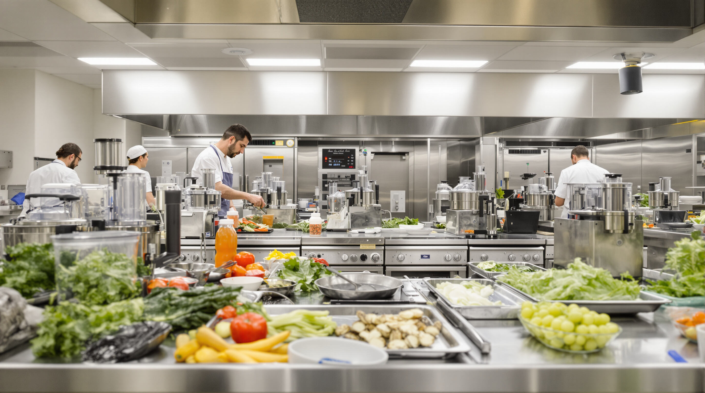 Chefs prepping produce in a commercial kitchen with multiple food processors highlighting efficient high-volume meal prep