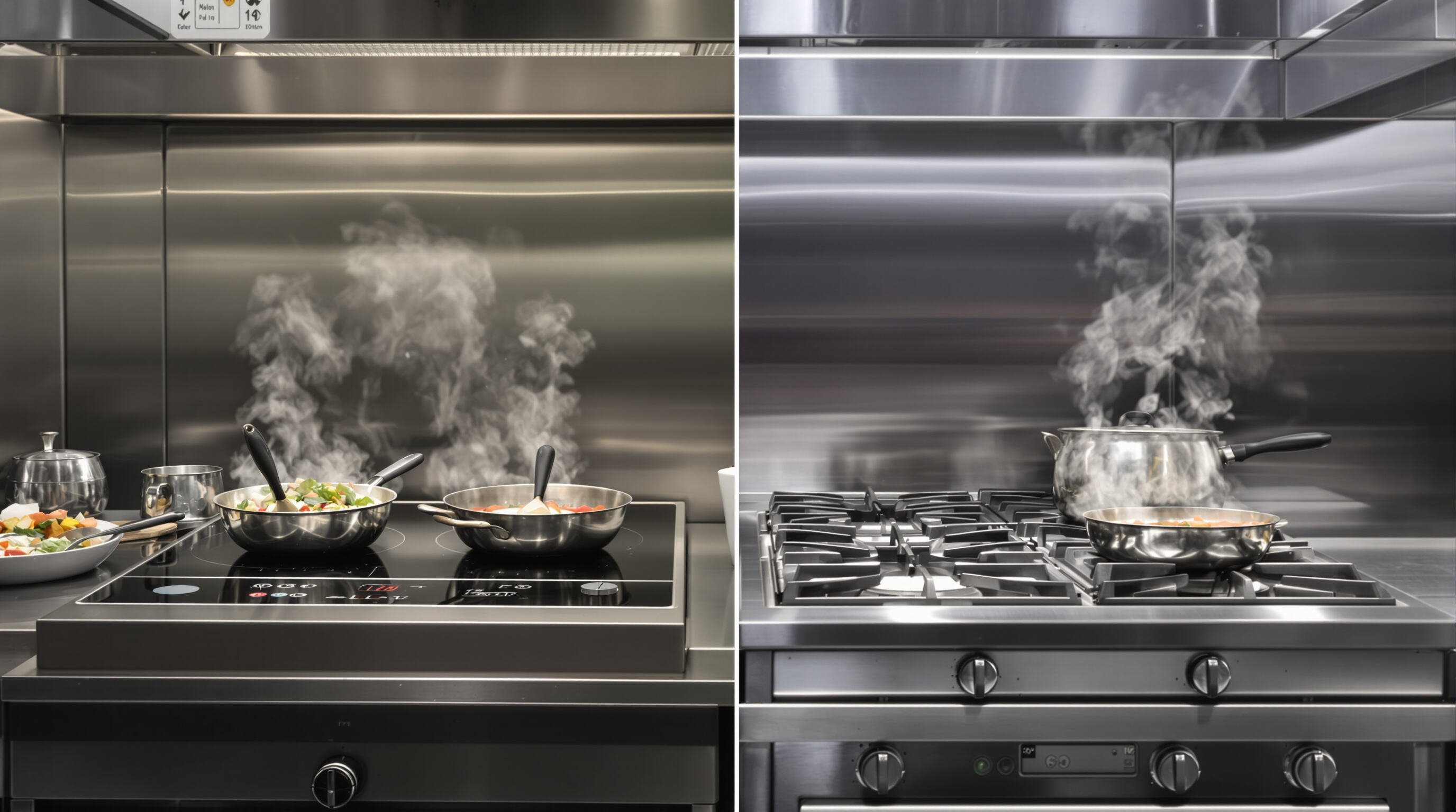 Side-by-side commercial kitchens with chefs using induction and gas cooktops, showing modern equipment and energy in use
