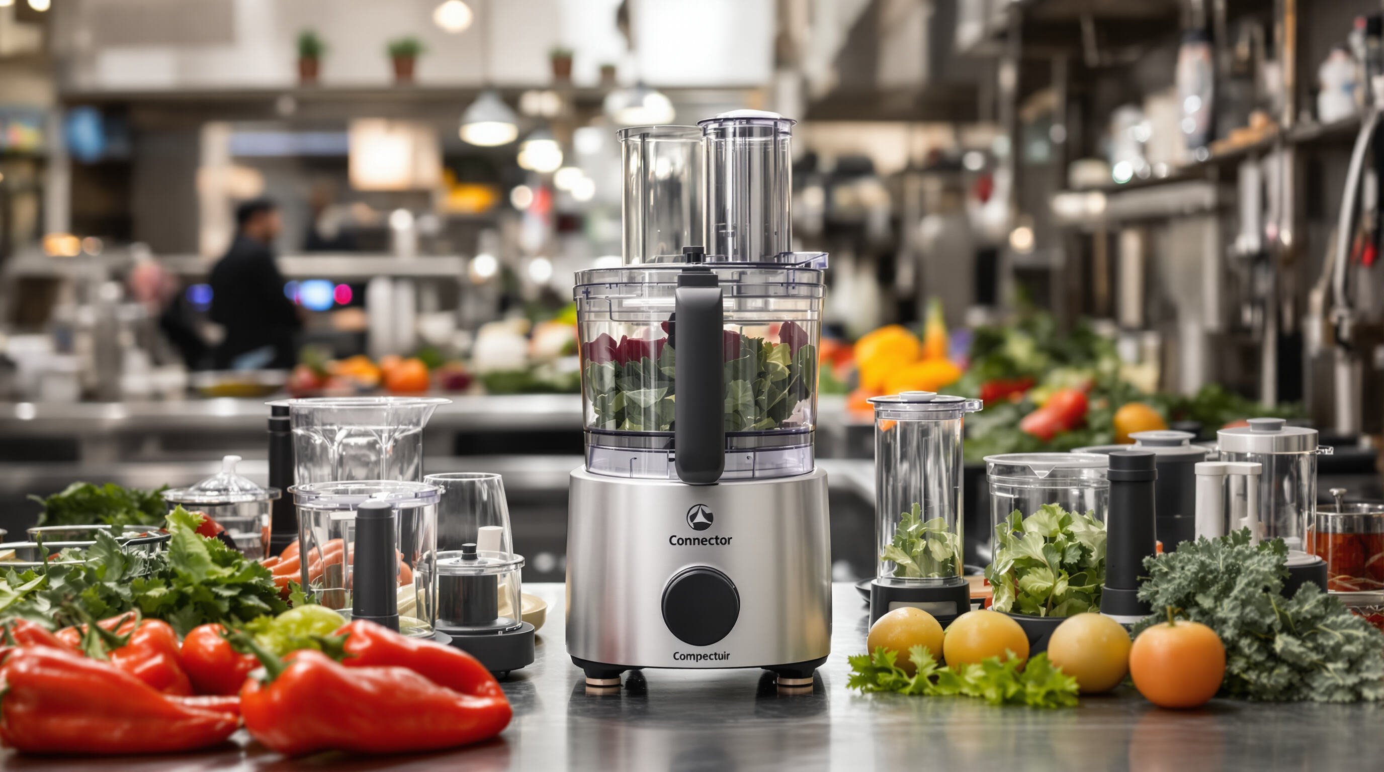 Compact commercial food processor on a kitchen counter with attachments and fresh produce in an urban restaurant setting