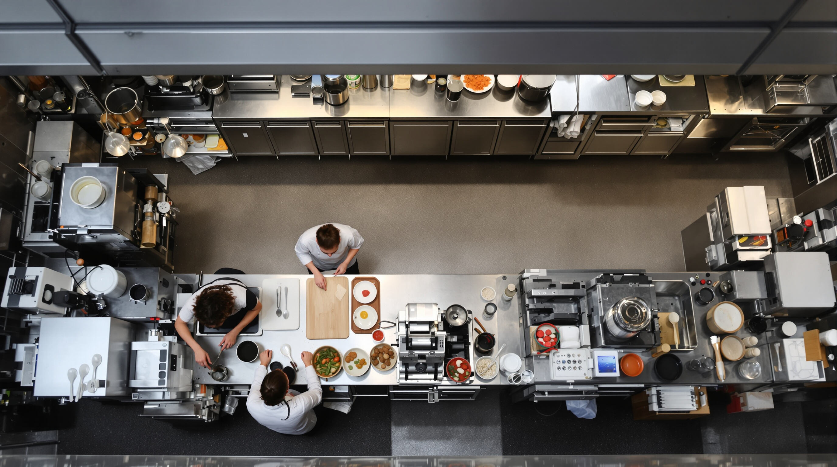 Overhead view of a compact urban restaurant kitchen showing chefs using a streamlined workflow around a small food processor