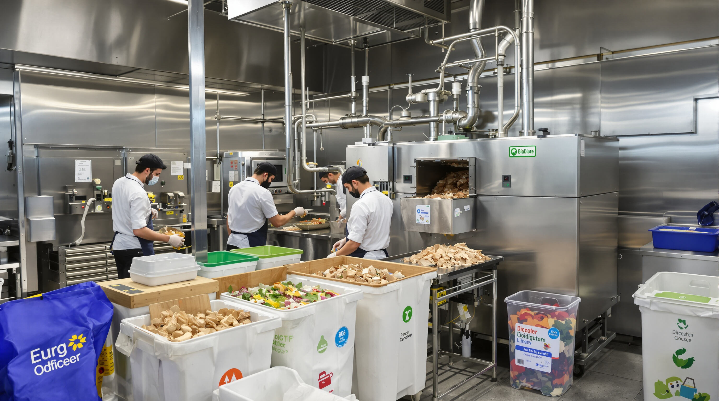 Chefs using biodigester and composting bins to process kitchen food scraps in a commercial kitchen