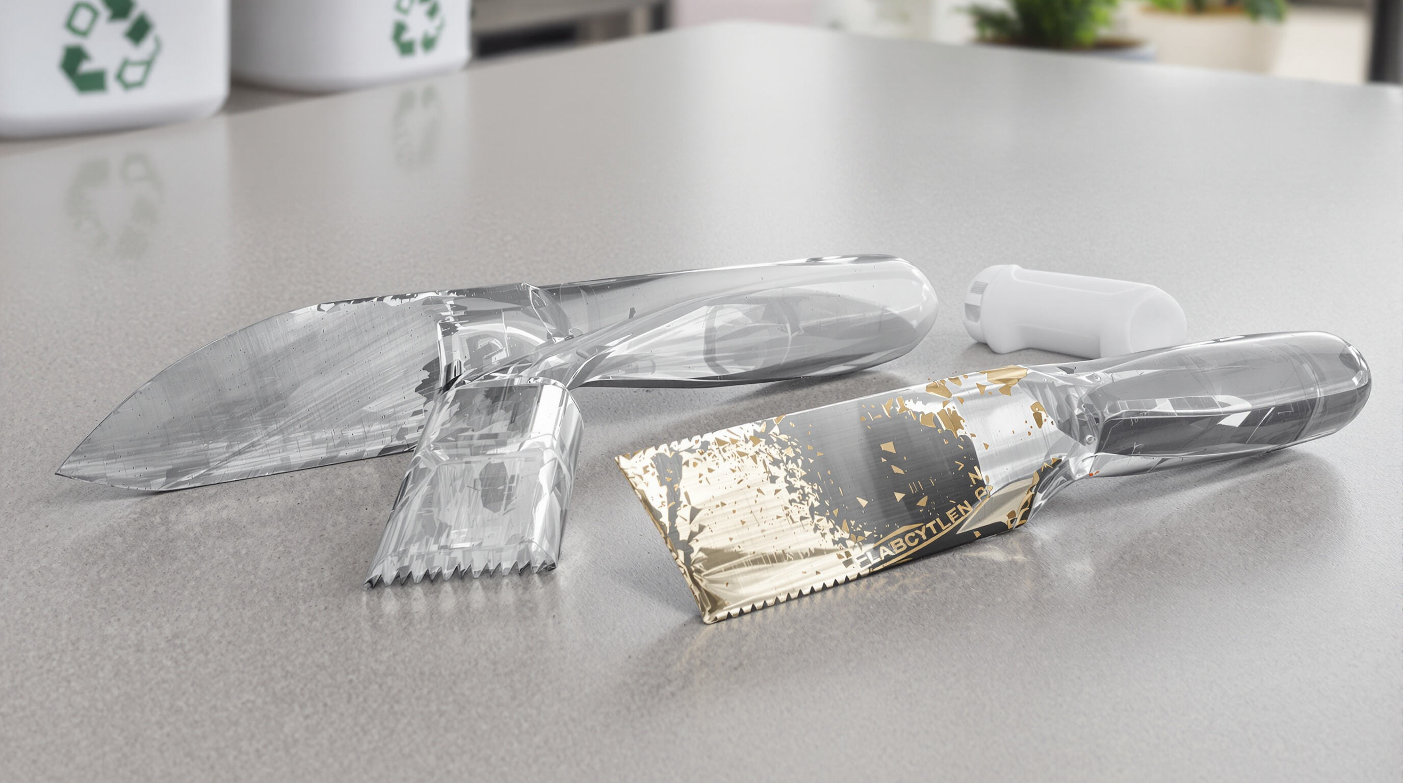 Close-up comparison of stainless steel and plastic food processor blades highlighting durability and recyclability