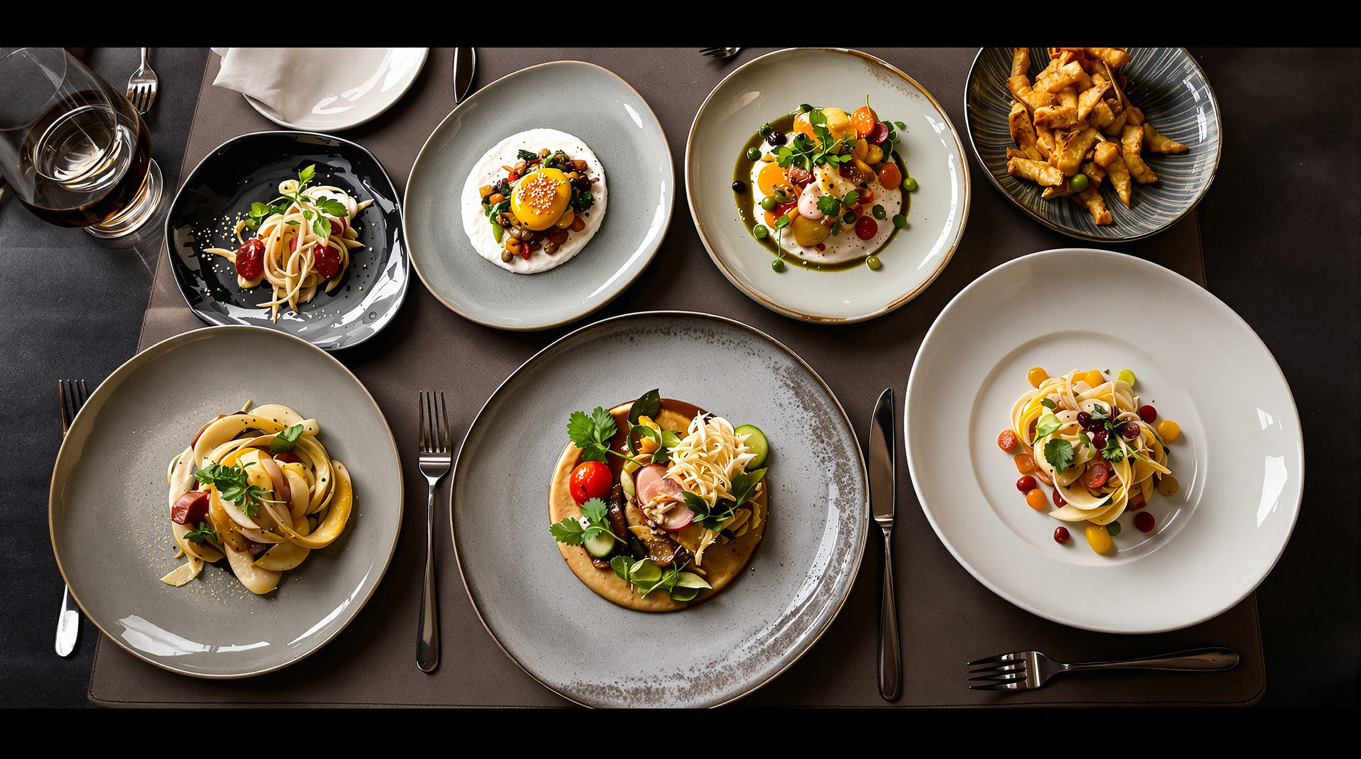 Overhead shot of a restaurant table displaying round, square, and wave-shaped plates with creatively plated gourmet dishes.