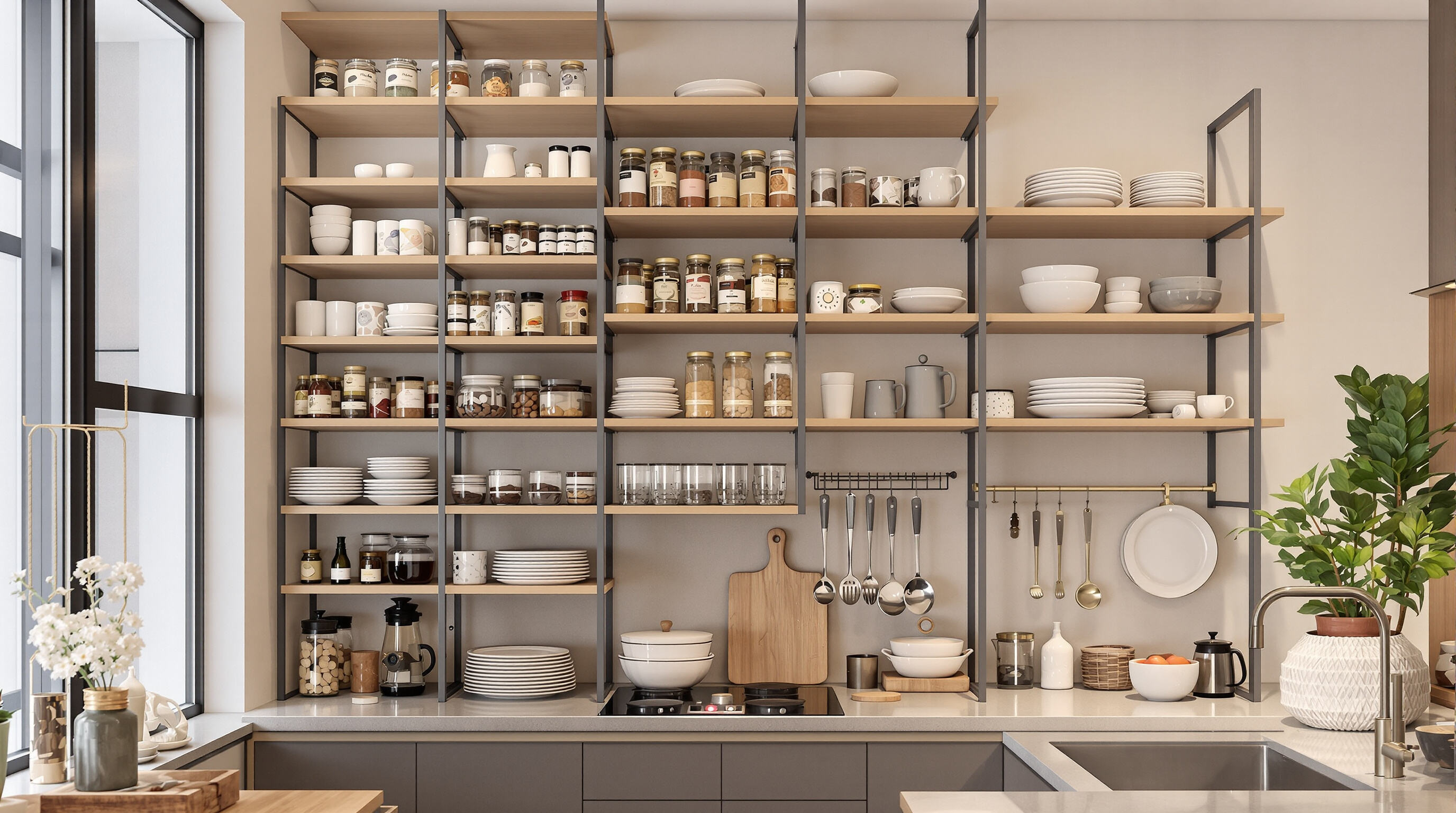 Photo of a small kitchen with vertical stackable shelves and modular storage maximizing wall space