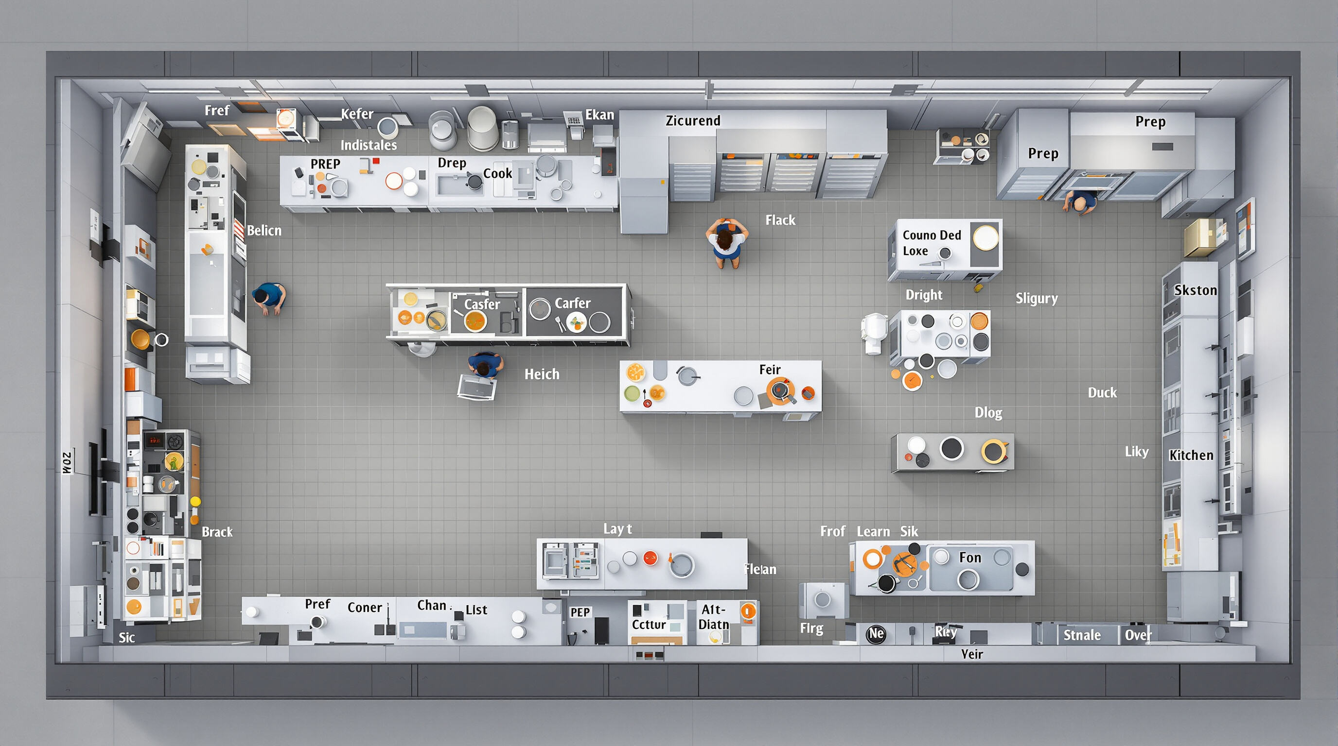 Overhead view of a well-organized kitchen displaying ergonomic zones and adjustable-height countertops with staff working efficiently