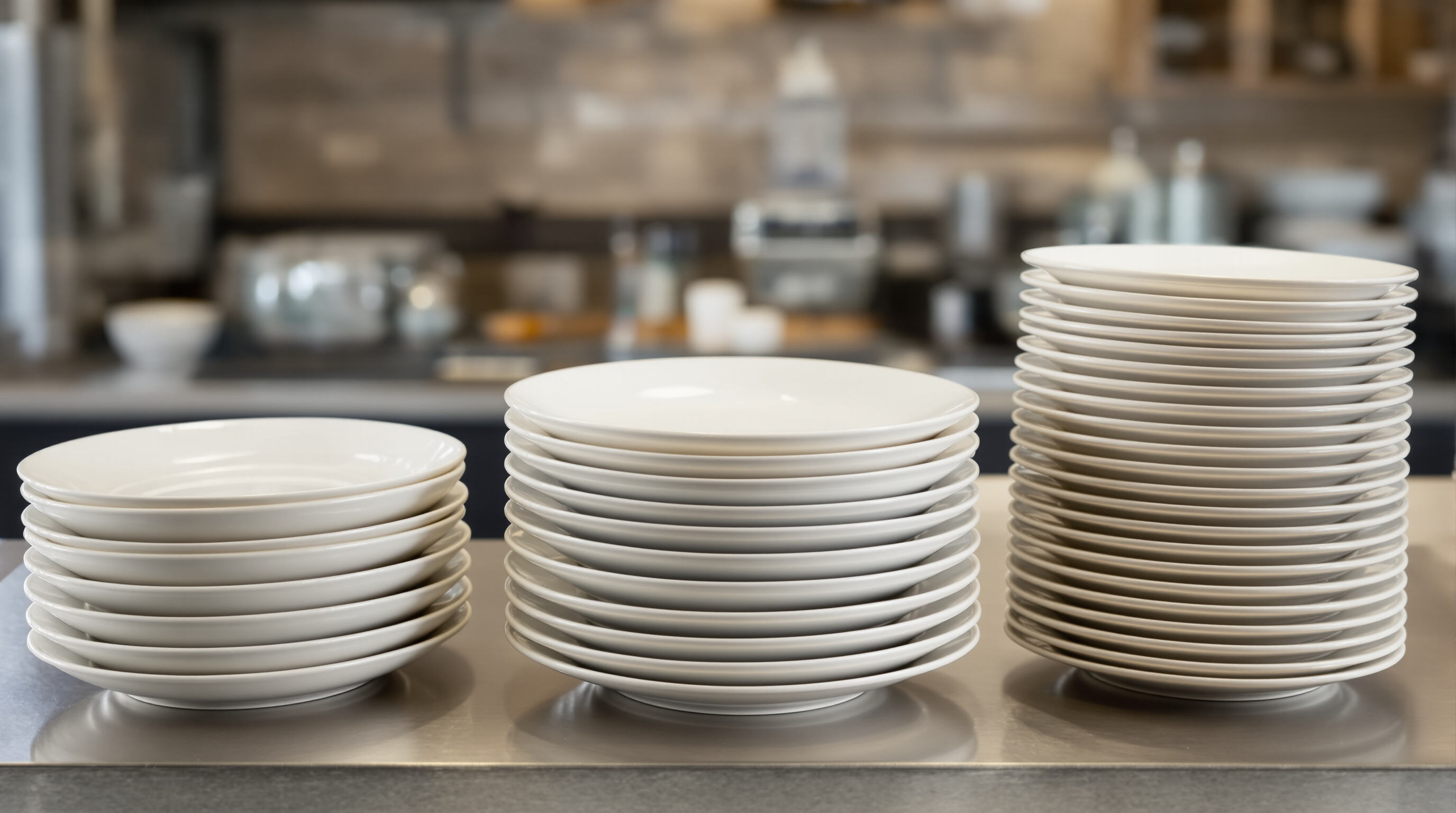 Various types of restaurant tableware materials—stoneware, porcelain, opalware, and melamine—stacked beside each other on a kitchen countertop.